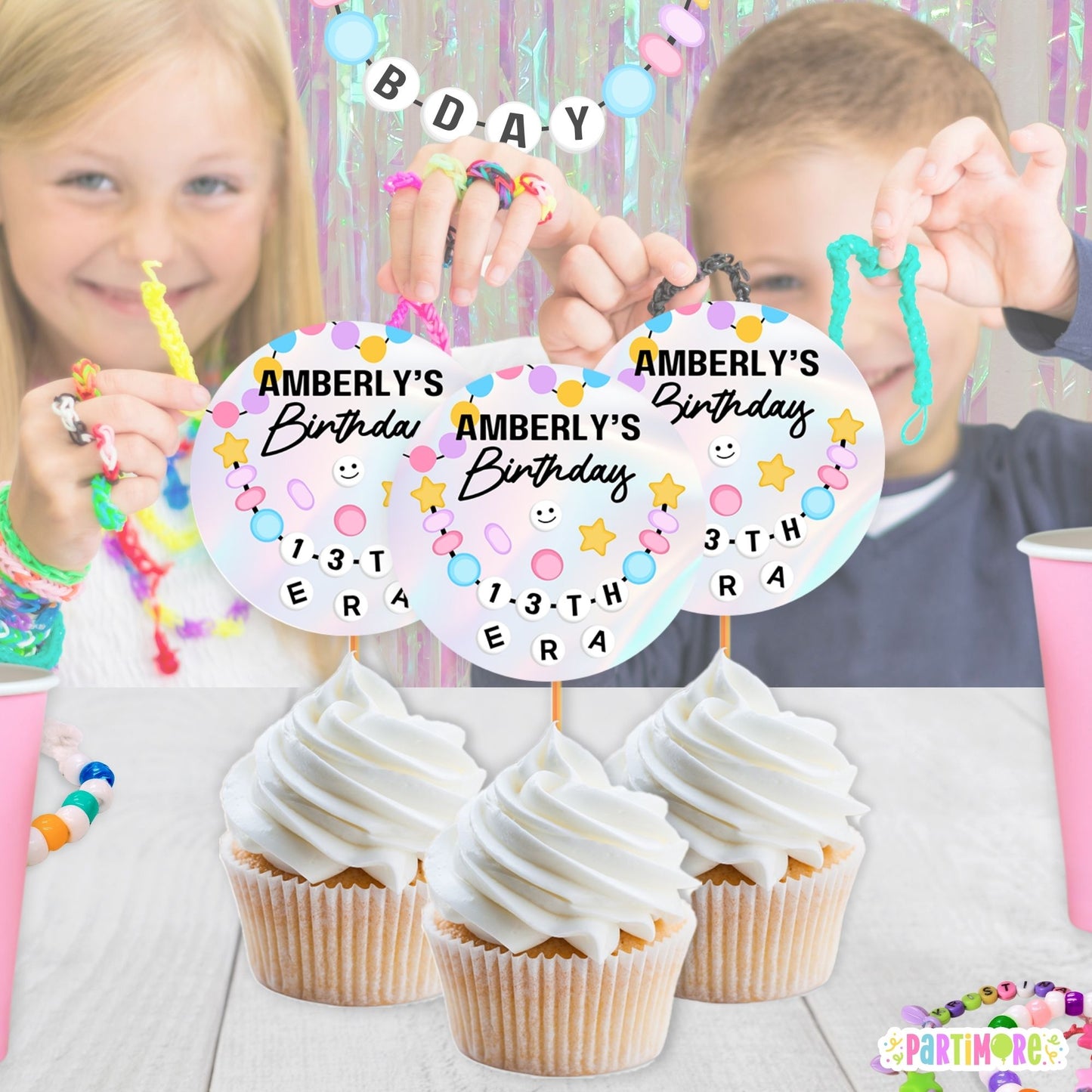 taylor inspired friendship bracelet cupcake toppers personalized with name, age, and beads that spell out "era"