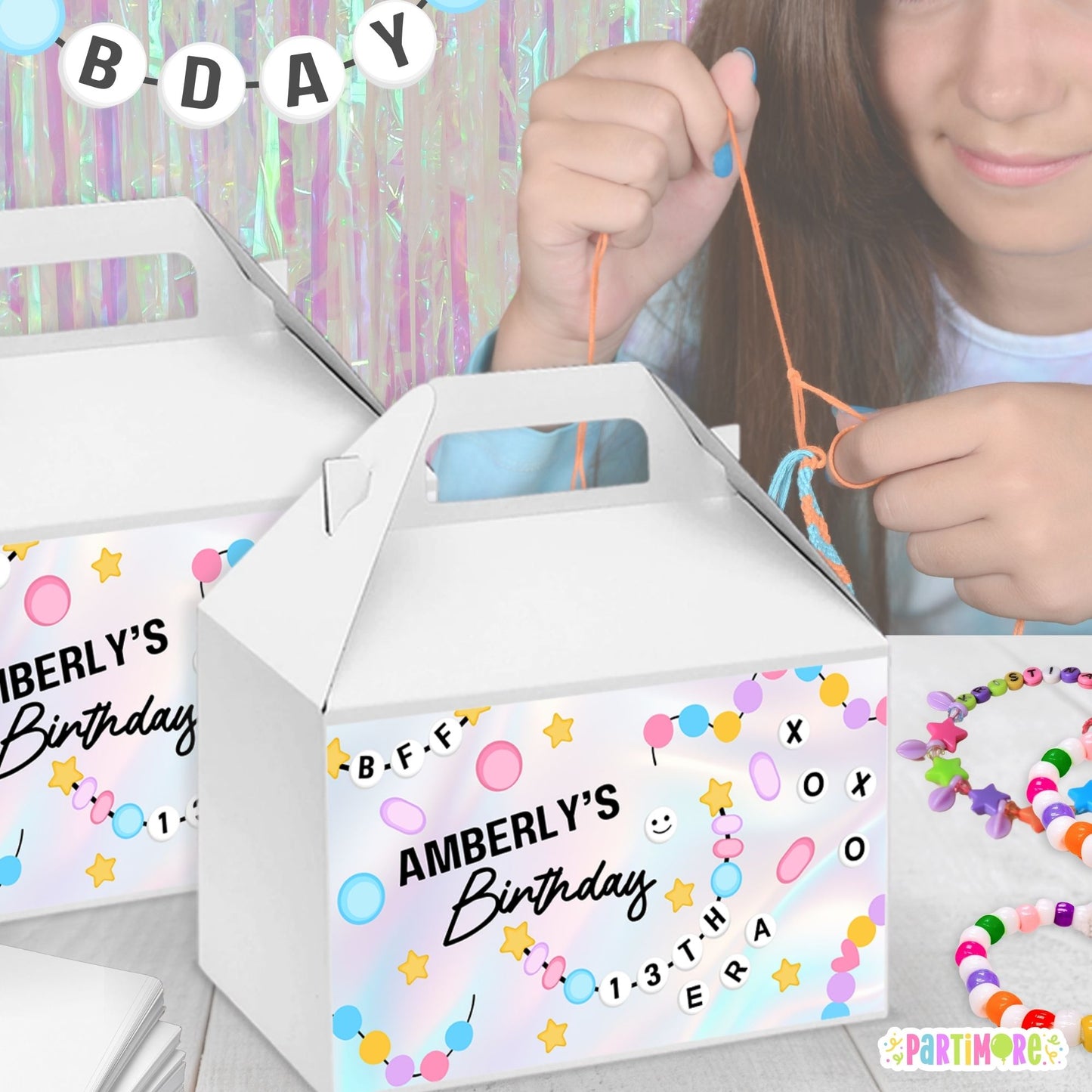 taylor inspired friendship bracelet gable box party favor stickers, personalized with name and age. girl's 13th birthday party decor