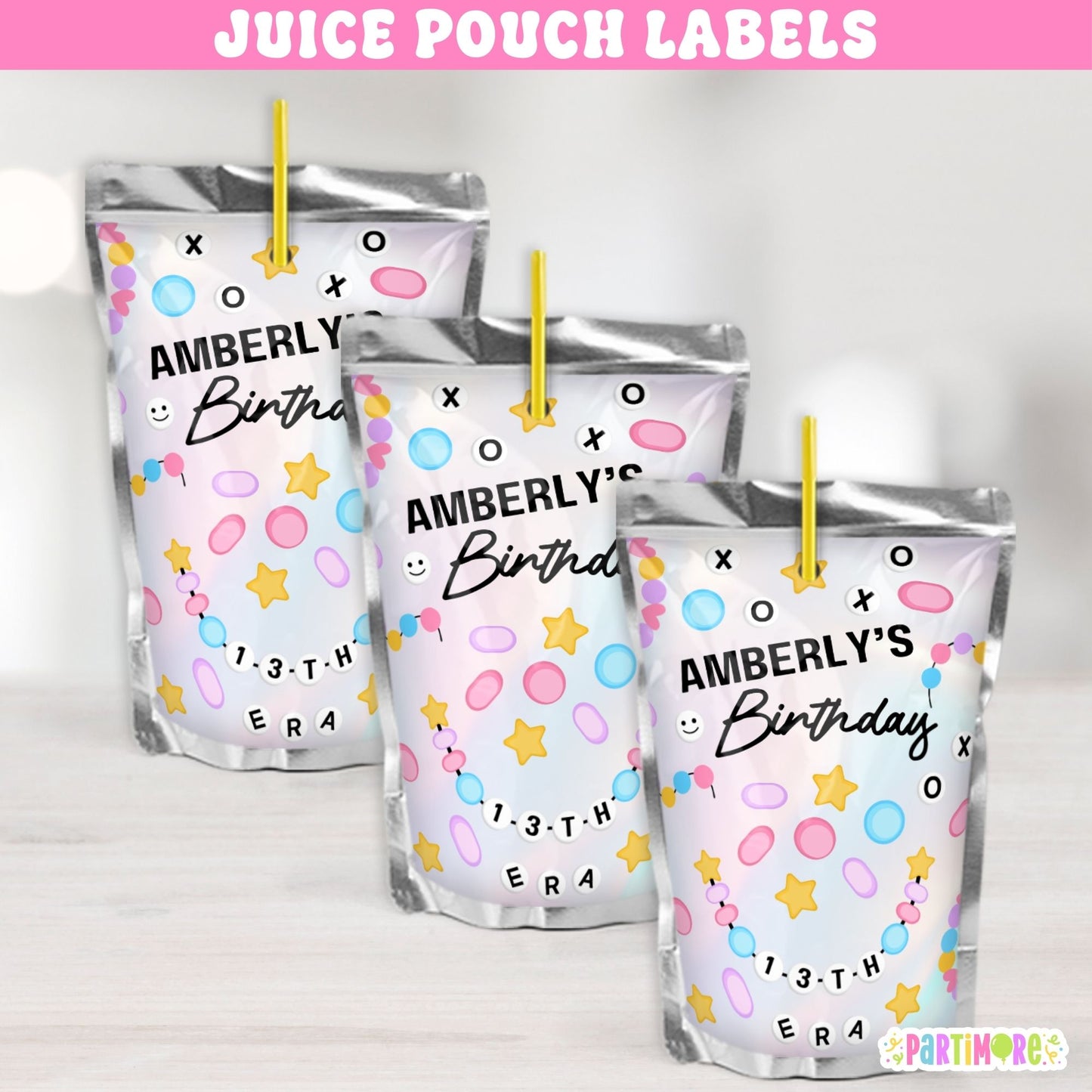 Friendship Bracelet juice pouch labels with colorful bead design, custom name, and age for birthday party drinks.
