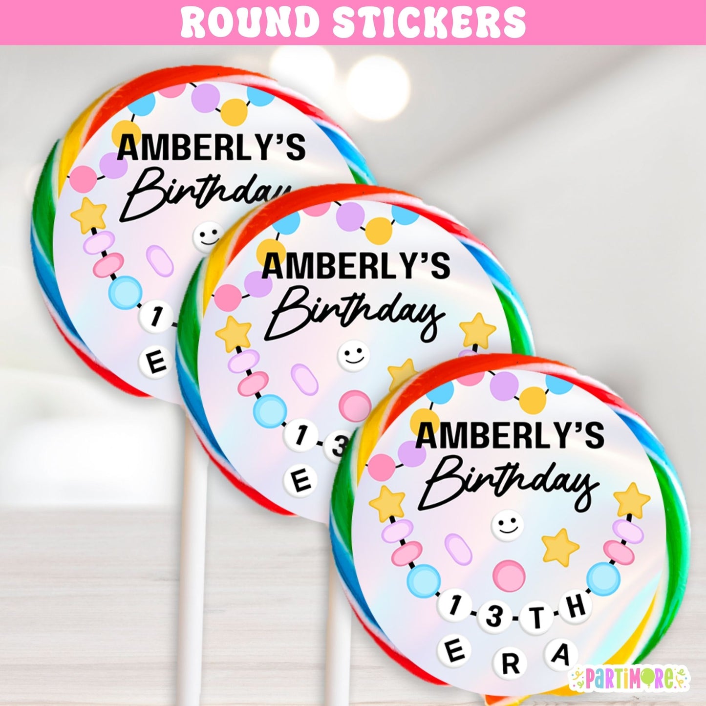 Friendship Bracelet round stickers with colorful bead design and custom name for birthday party favors.