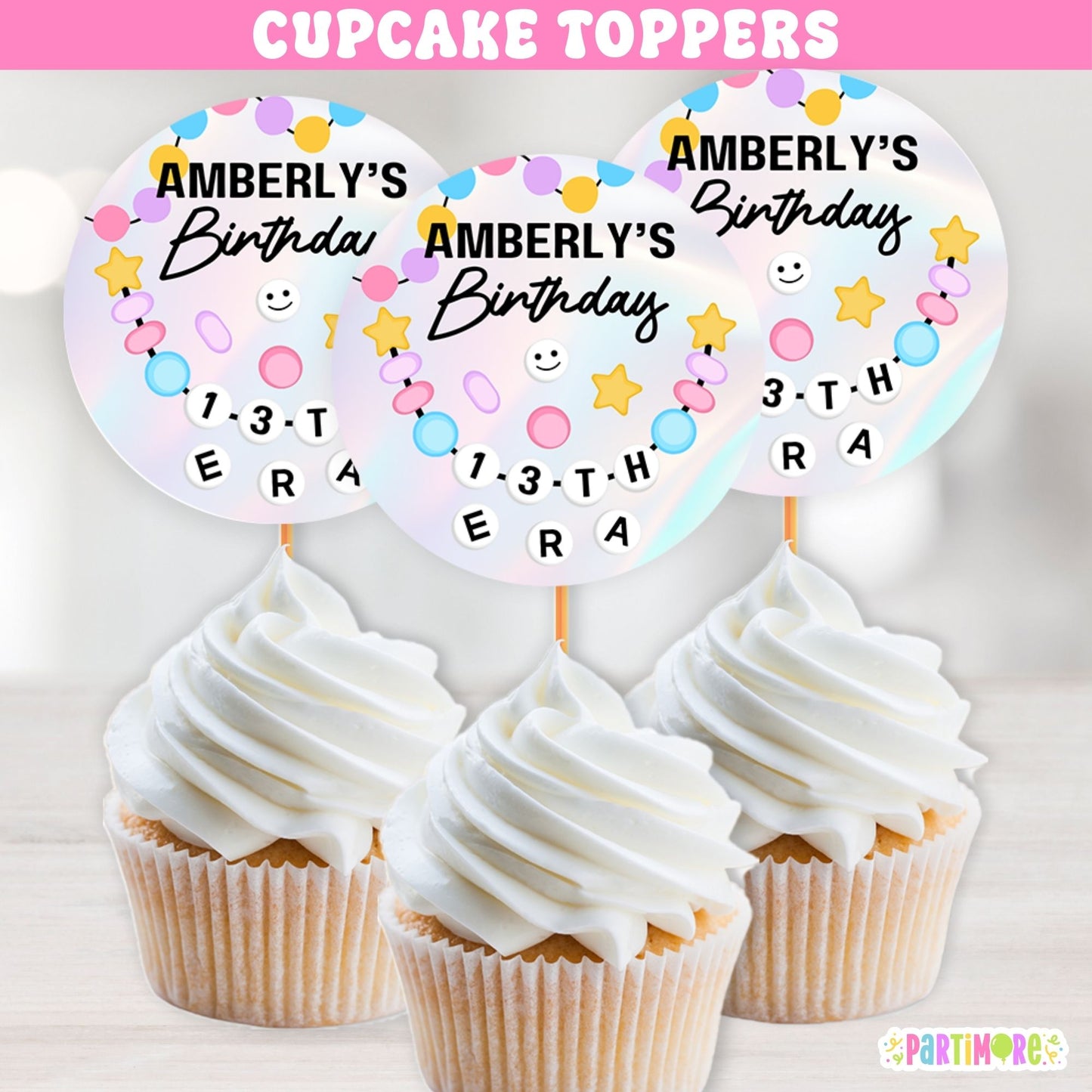 Friendship Bracelet cupcake toppers with colorful bead design and custom text for birthday party desserts.