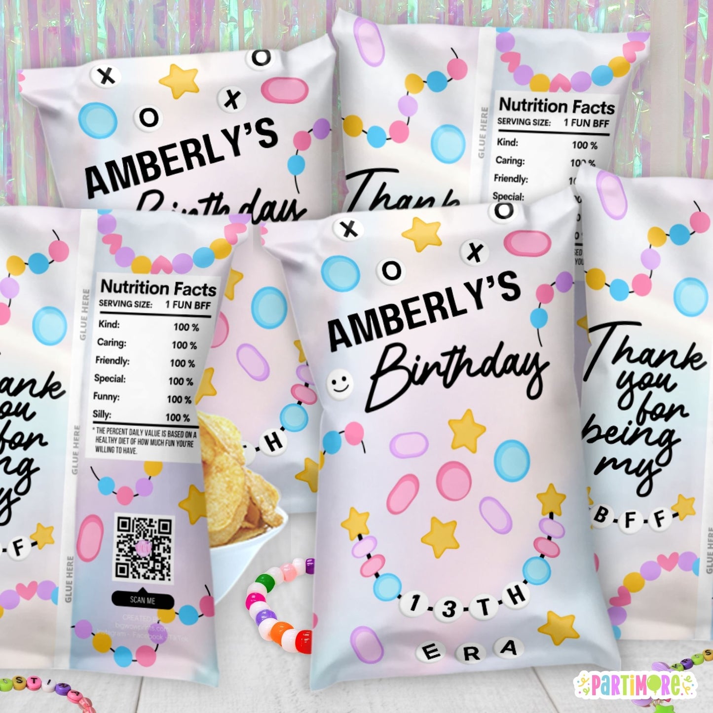 Taylor inspired Friendship Bracelet birthday party decor. Personalized printed chip bags snack wrappers for teen girl's 13th birthday