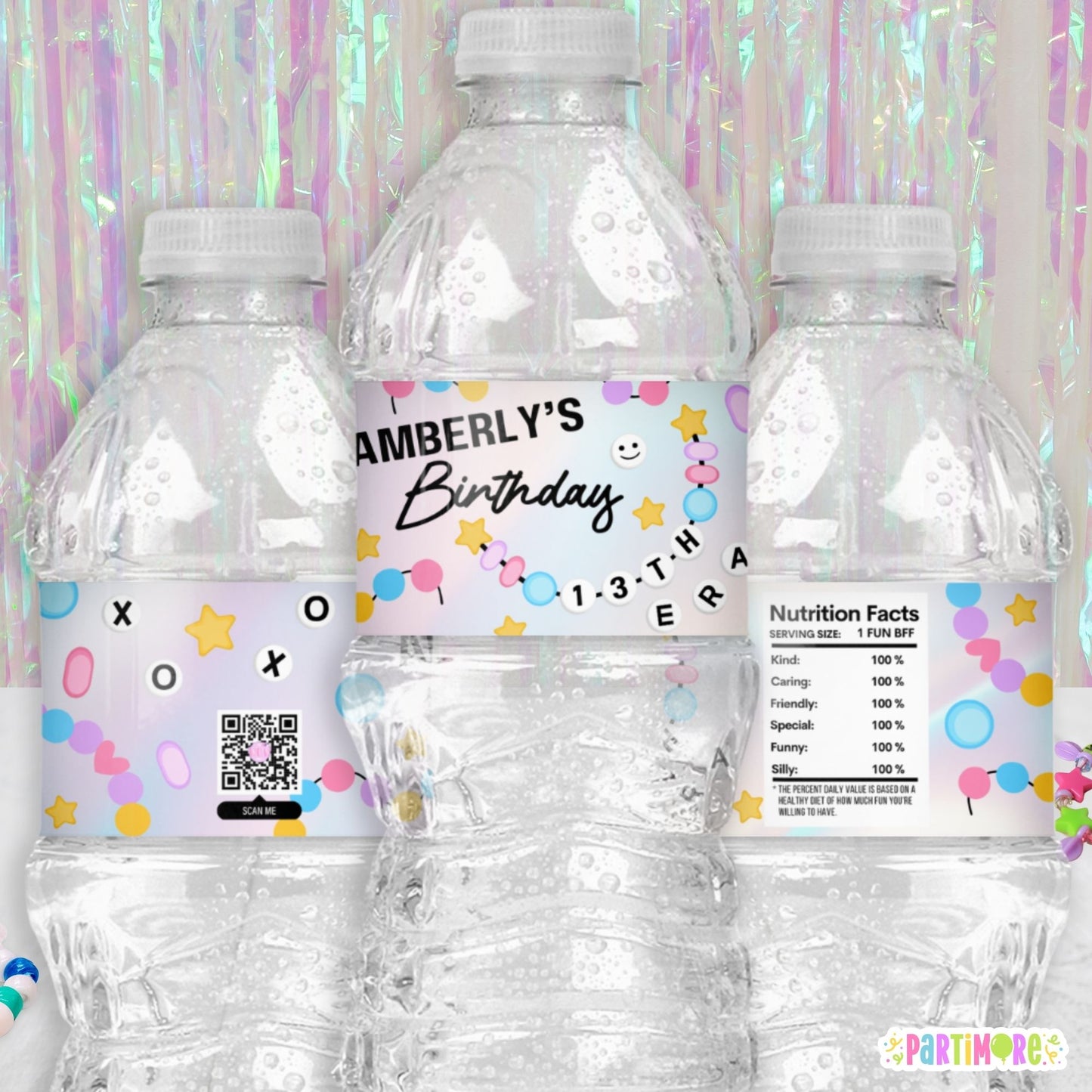 Taylor inspired Friendship Bracelet water bottle labels with bead design and custom name, waterproof party drink wraps for girls 13th teenage birthday, officially 13