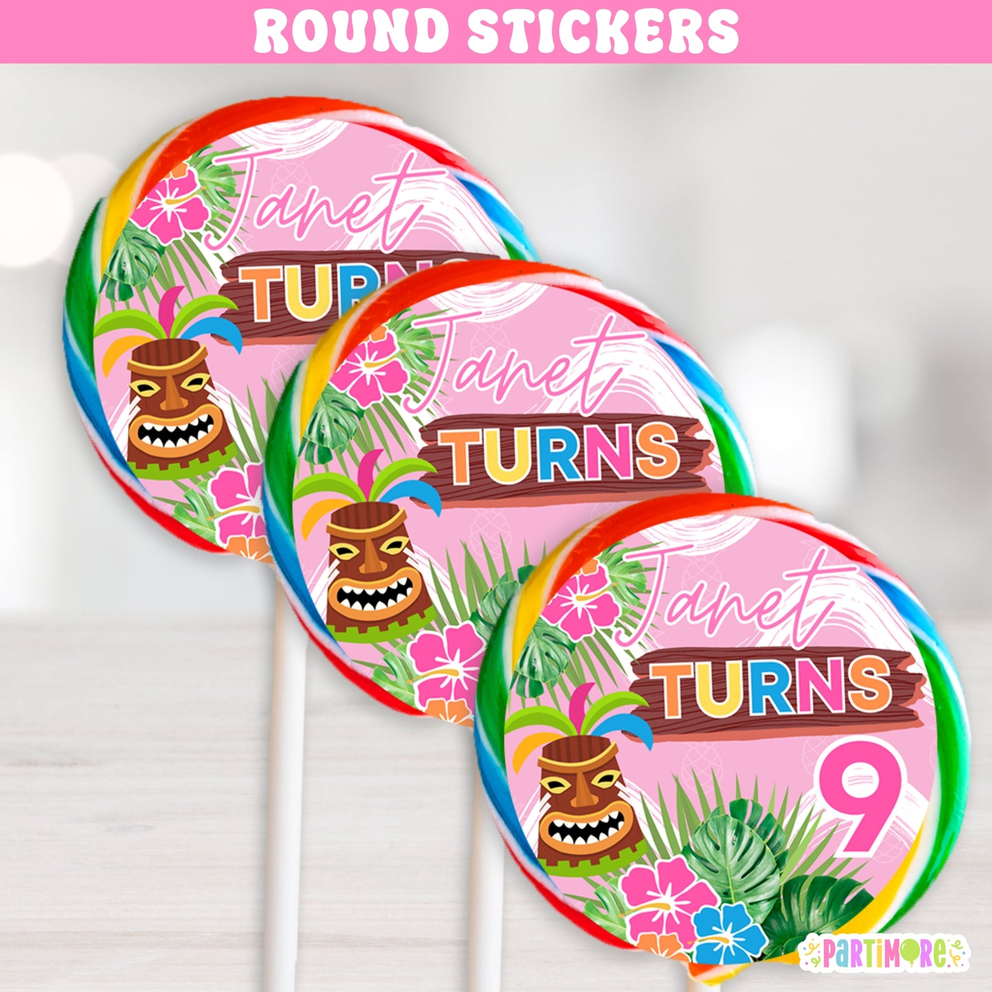 Personalized Hawaiian Luau Lollipop Stickers | Custom Tropical Summer Birthday Party Favors