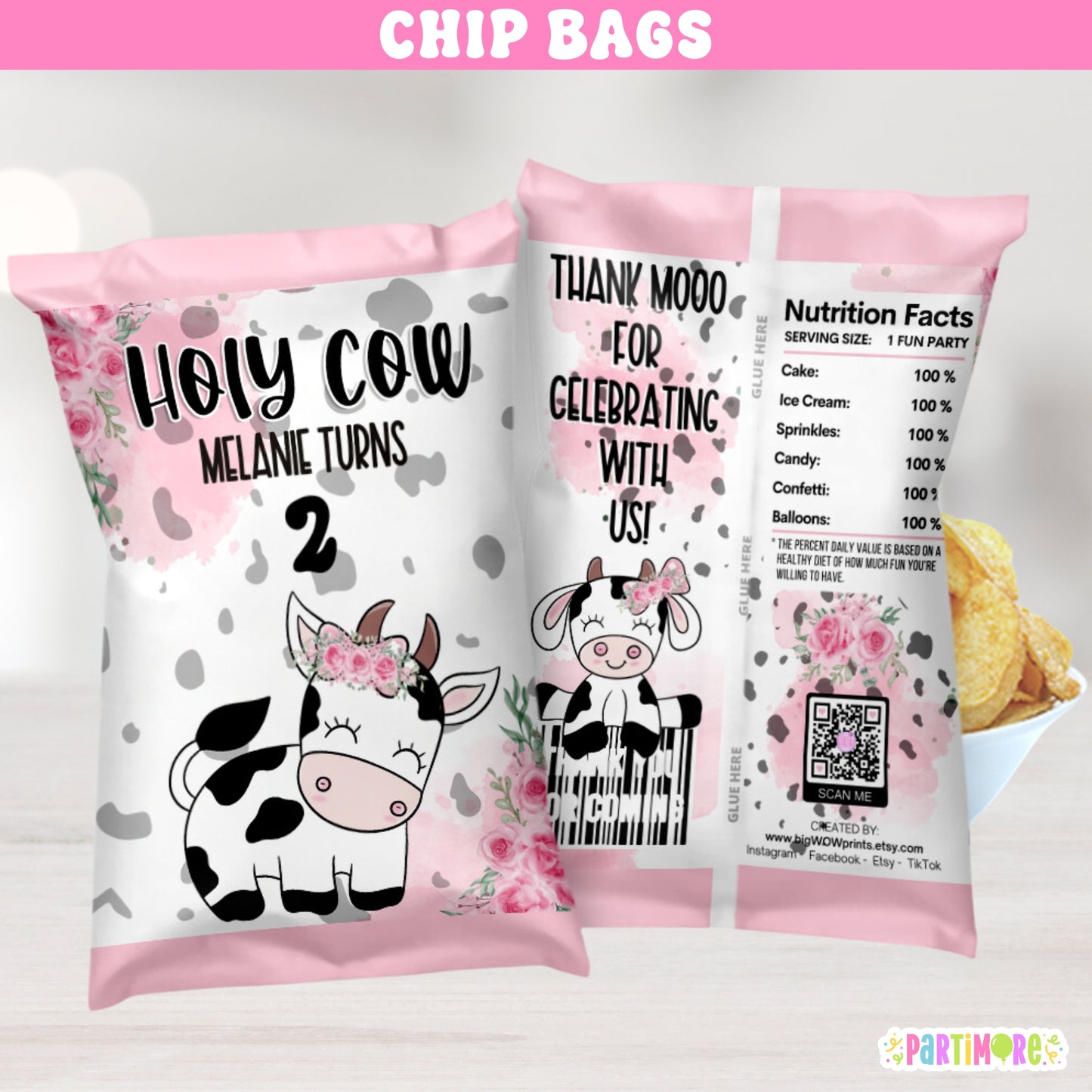 Personalized Holy Cow chip bag wrappers for girl's first birthday, pink floral cow print farm party favor bags, custom name and age