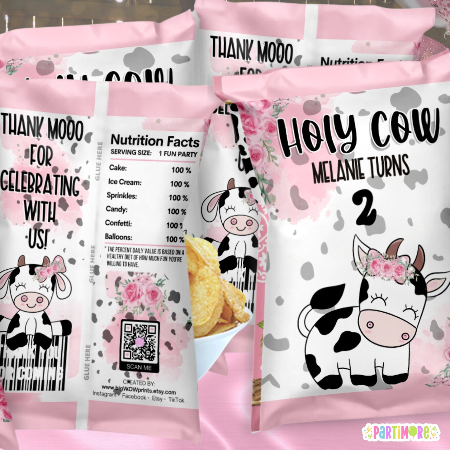 Holy Cow Themed Chip Bag Party Favors | Personalized Farm Party Treats