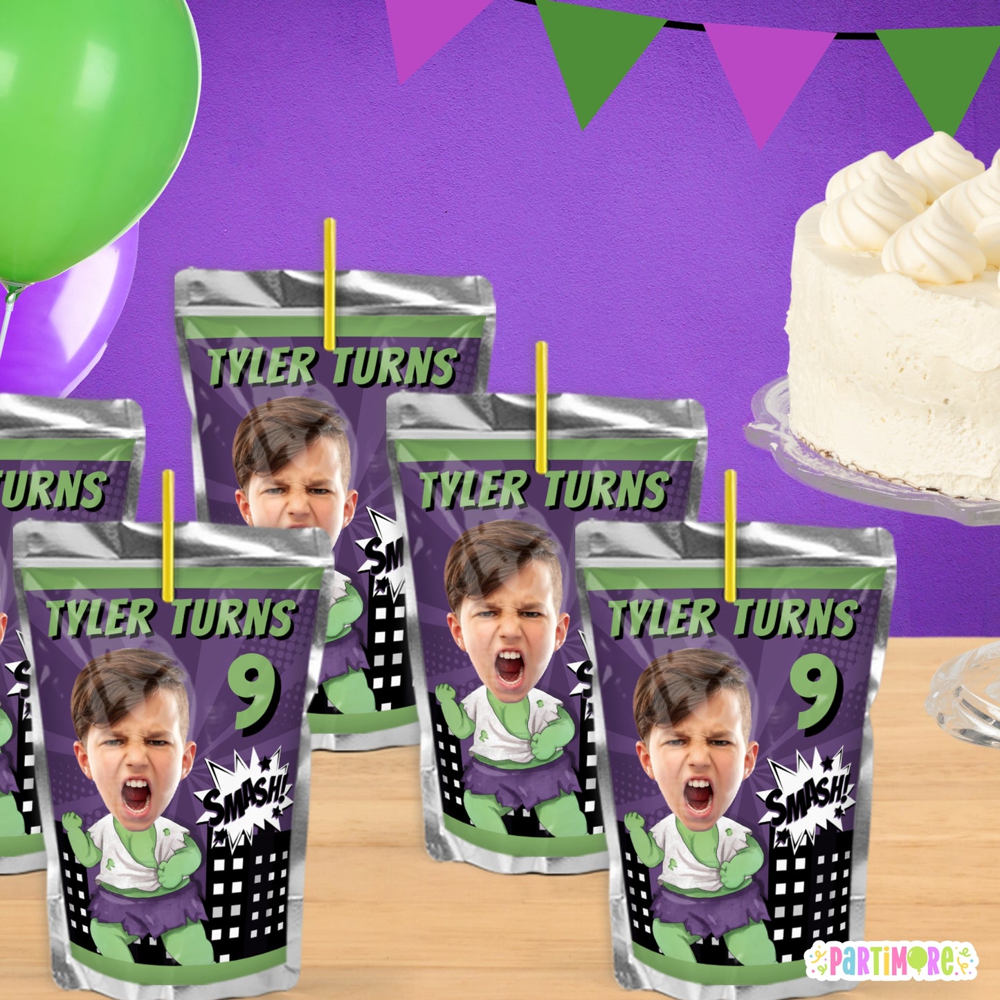 Custom Green Smasher Superhero Juice Pouch Labels | Personalized Kids Comic Birthday Party Favors and Decorations