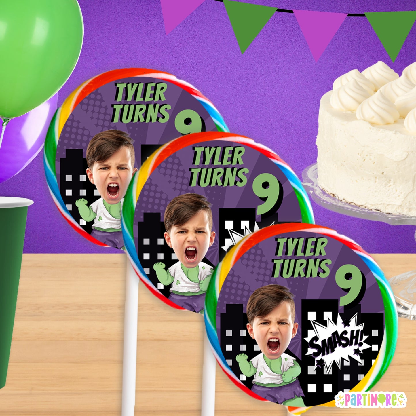 Personalized Green Smash Superhero Lollipop Round Stickers | Custom Comic Birthday Party Favor Labels