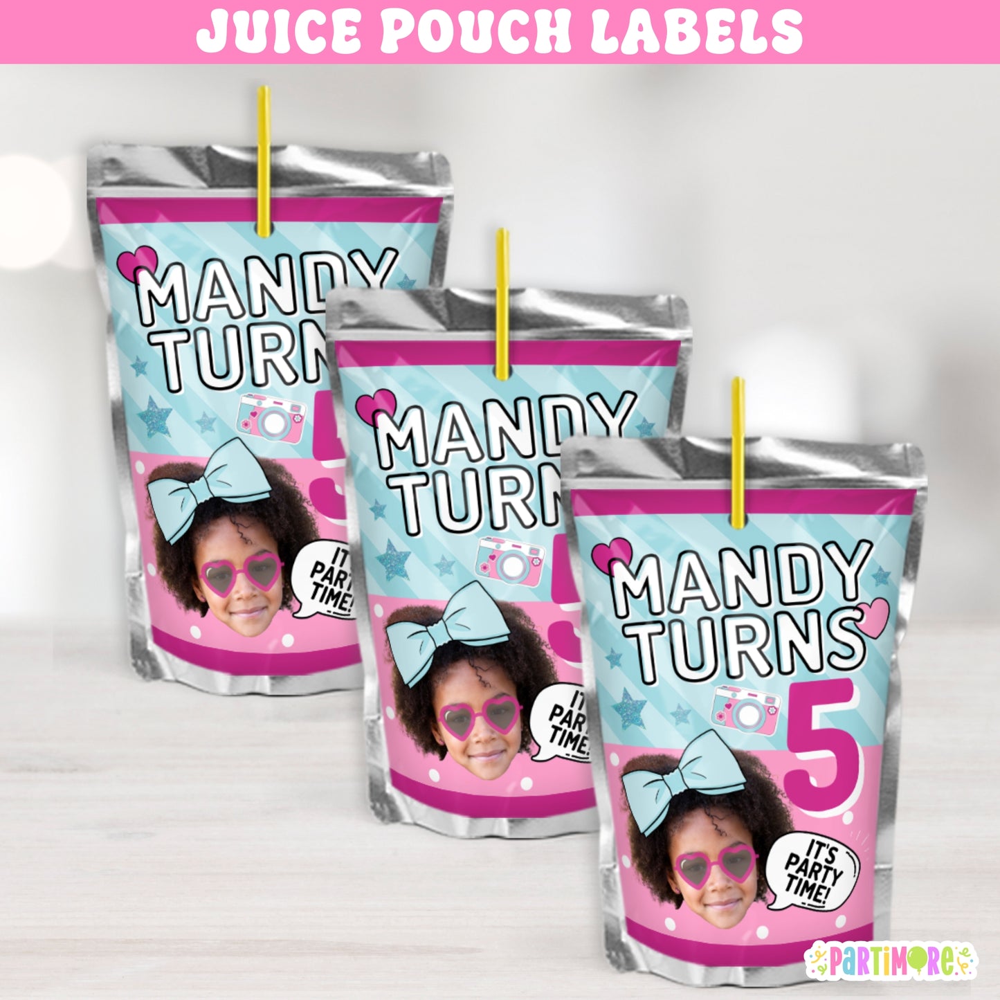Juice pouch labels for girl's birthday with glam surprise doll theme, big blue hair bow, camera artwork, and 'It’s Party Time' text personalized with name and age