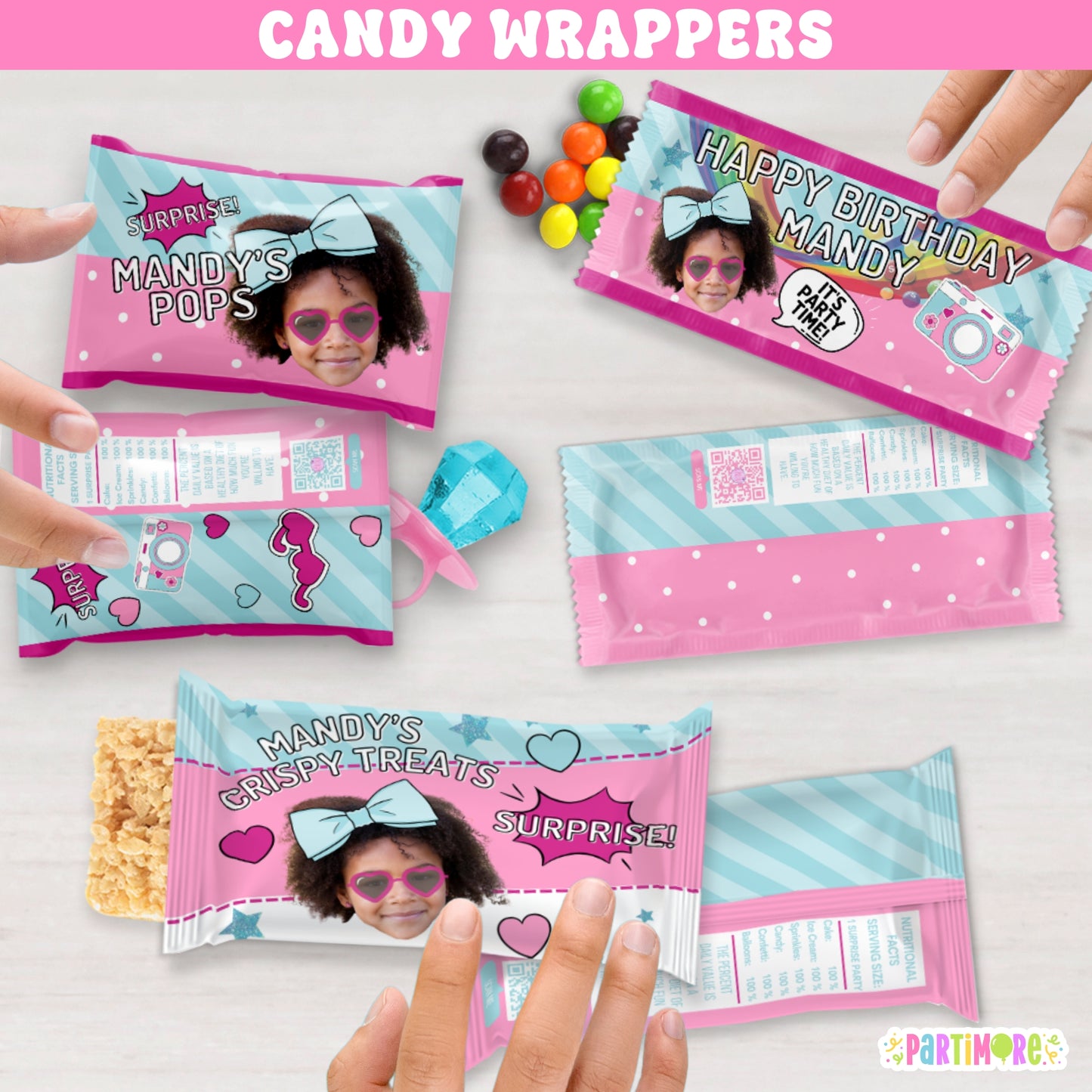Custom candy wrappers with glam surprise doll theme, big blue hair bow and camera graphic, 'It’s Party Time' party favors personalized with name and age