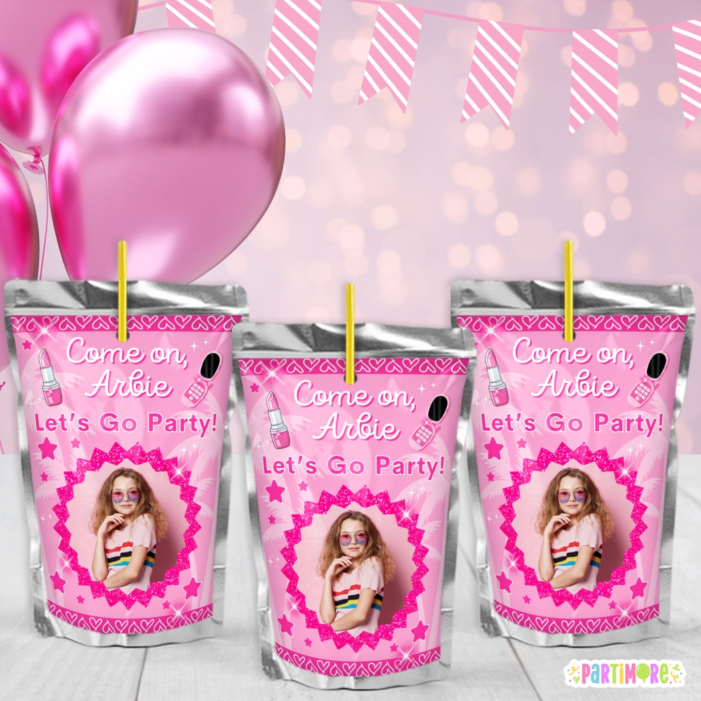 Personalized Malibu Doll Themed Juice Pouch Labels | Custom Hot Pink Birthday Party Stickers For Girls