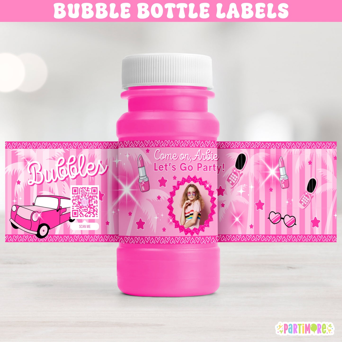 Personalized Malibu Hot Pink Doll Themed Bubble Bottle Labels | Custom Pink Birthday Party Favor Stickers