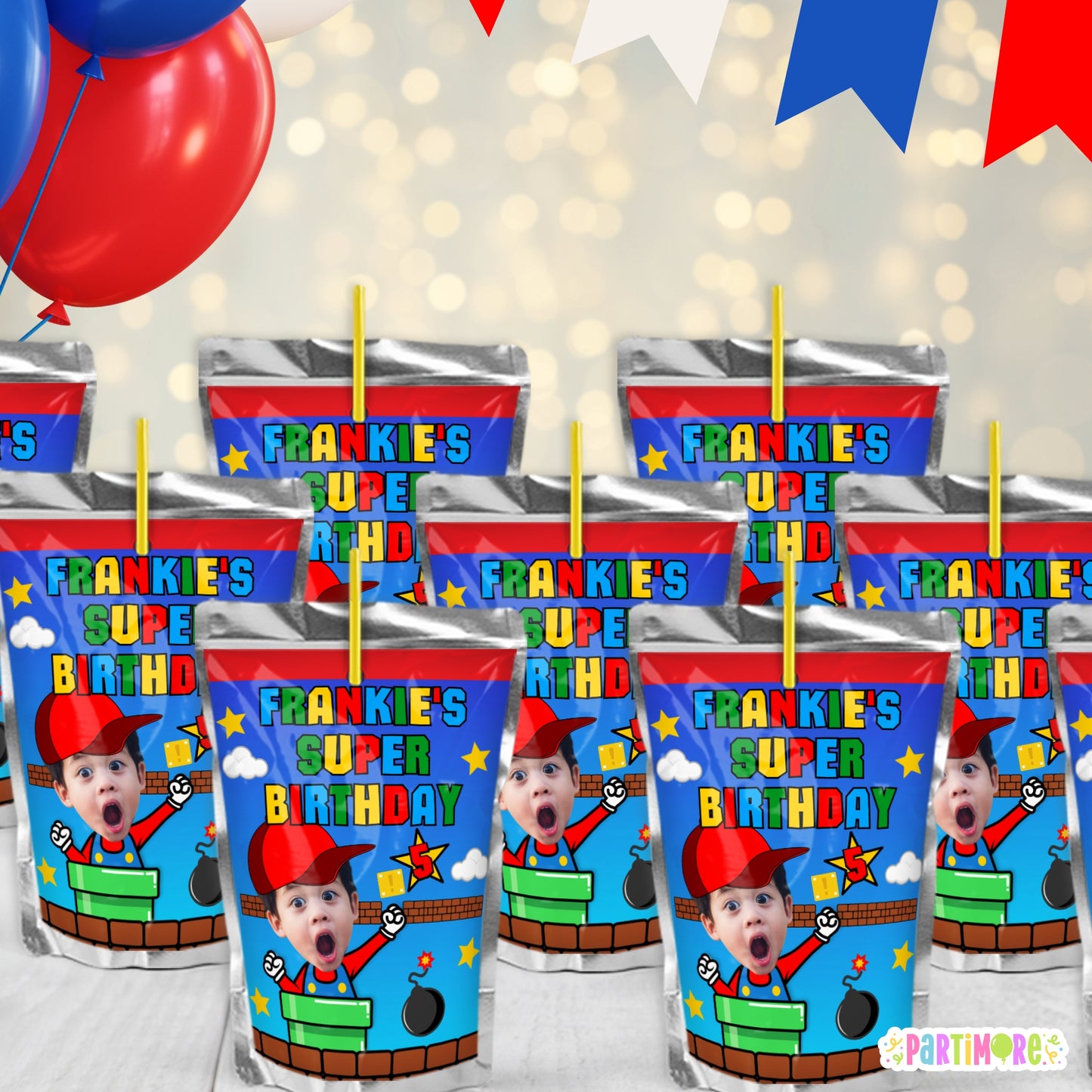 Custom Red Hat Gamer Juice Labels | Personalized Classic Arcade Video Game Stickers | Level Up Gamer Birthday Party Decorations