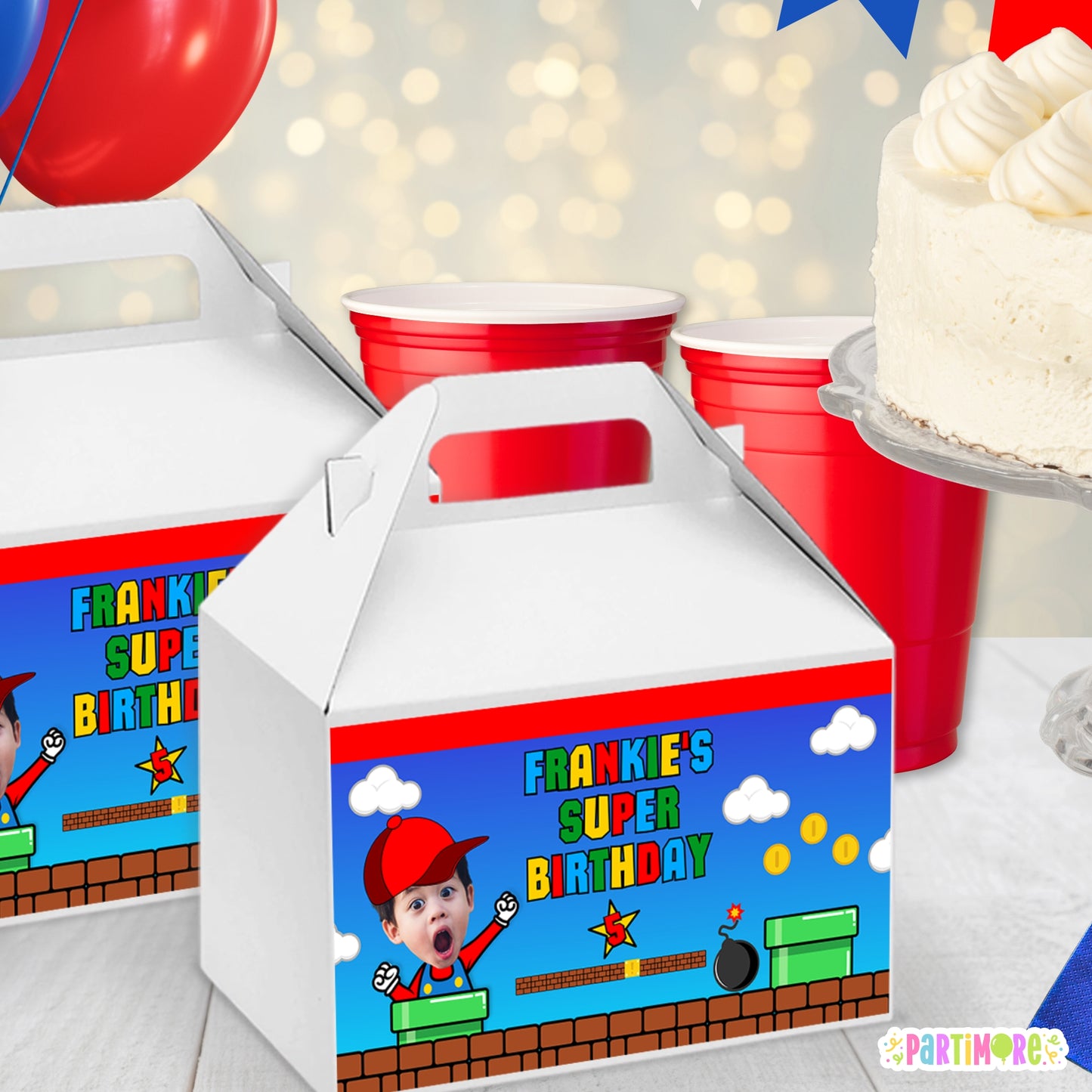 Red Hat Gamer Gable Box Labels | Personalized Level Up Party Favor Stickers | Colorful Arcade Birthday Decor