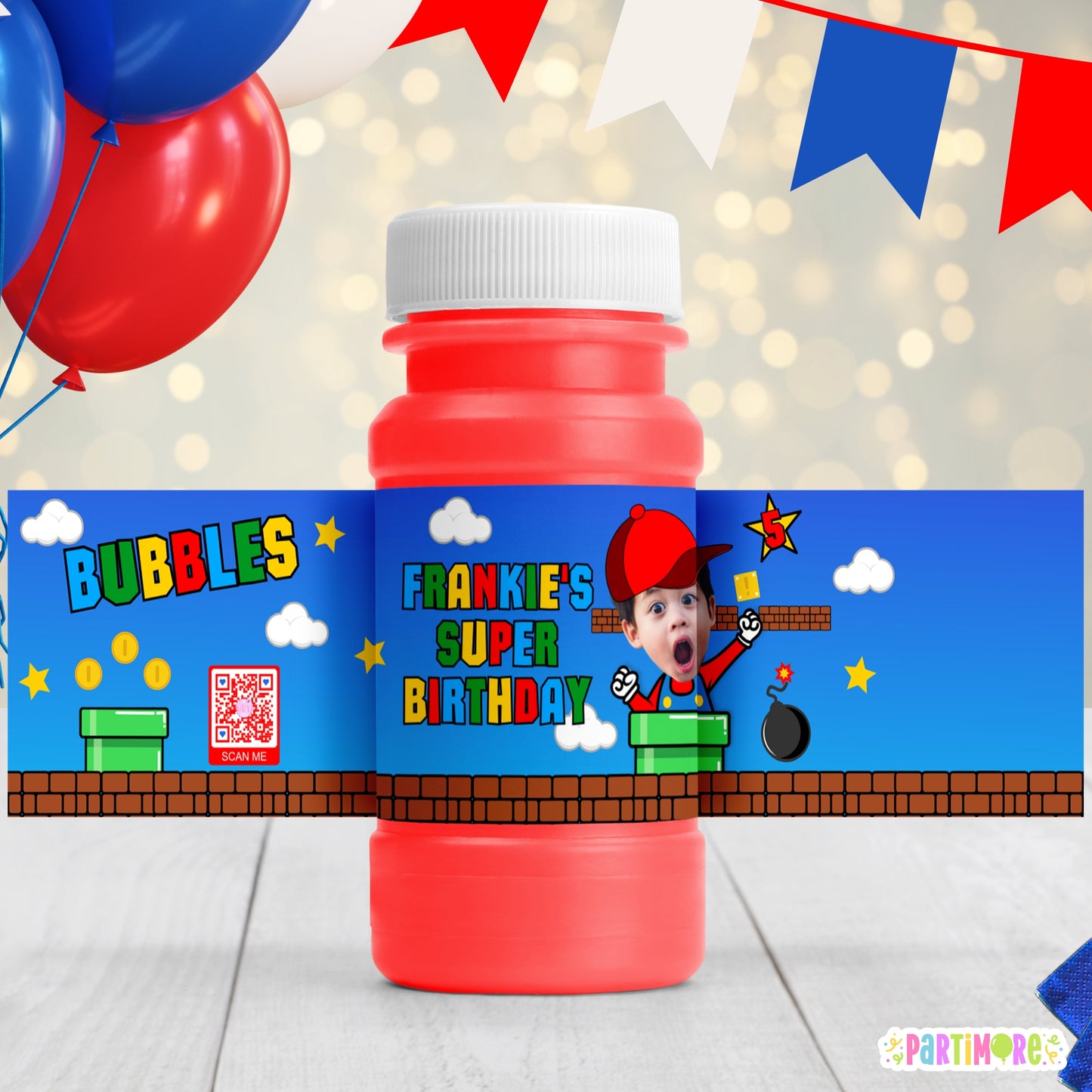 Personalized Red Hate Gamer Bubble Bottle Labels | Retro Power Up Party Favors | Classic Gamer Birthday Stickers