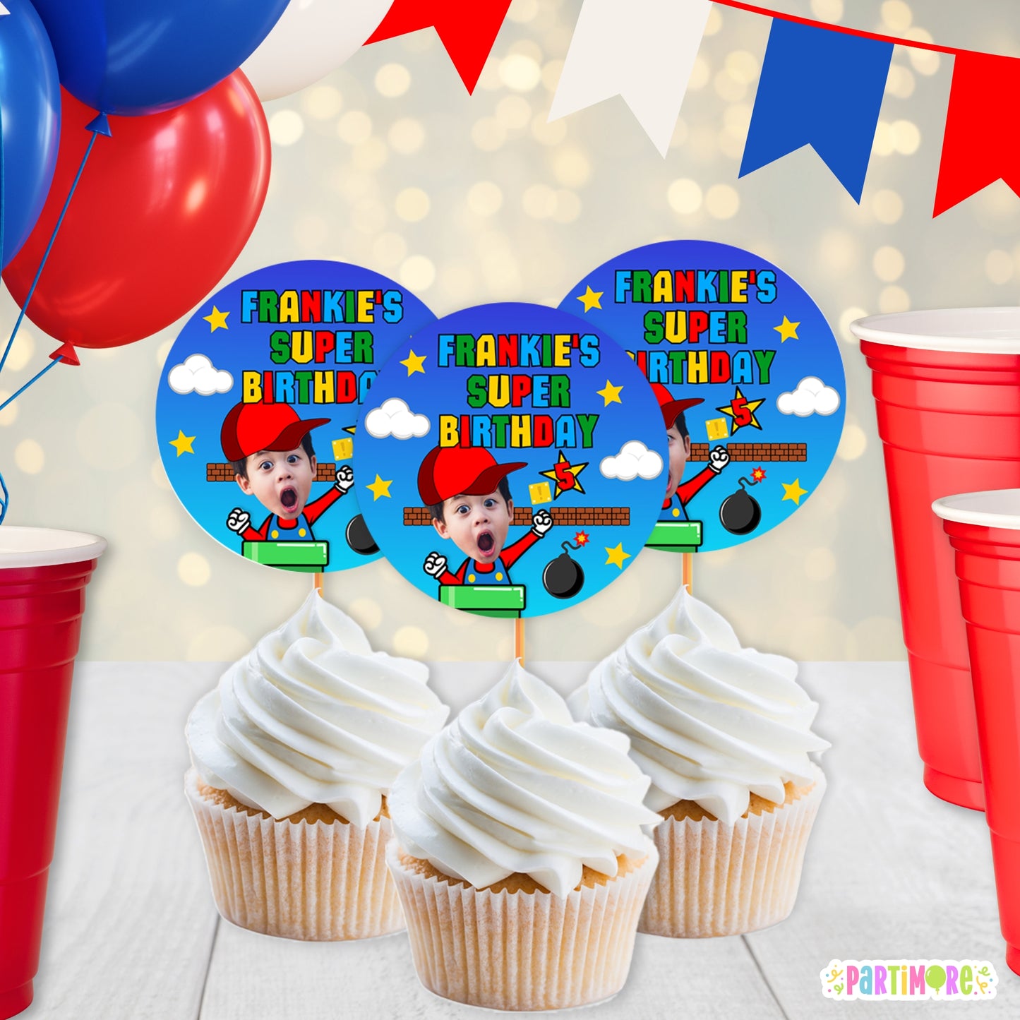 Red Hat Gamer Cupcake Toppers | Personalized Classic Arcade Gaming Birthday Party Decorations