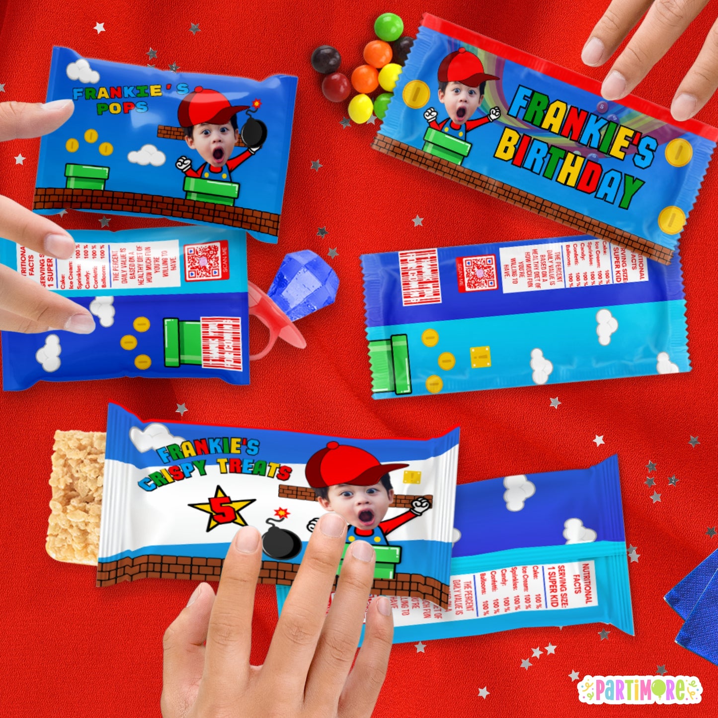 Custom Red Hat Gamer Candy Wrappers | Personalized Classic Arcade Game Birthday Favors