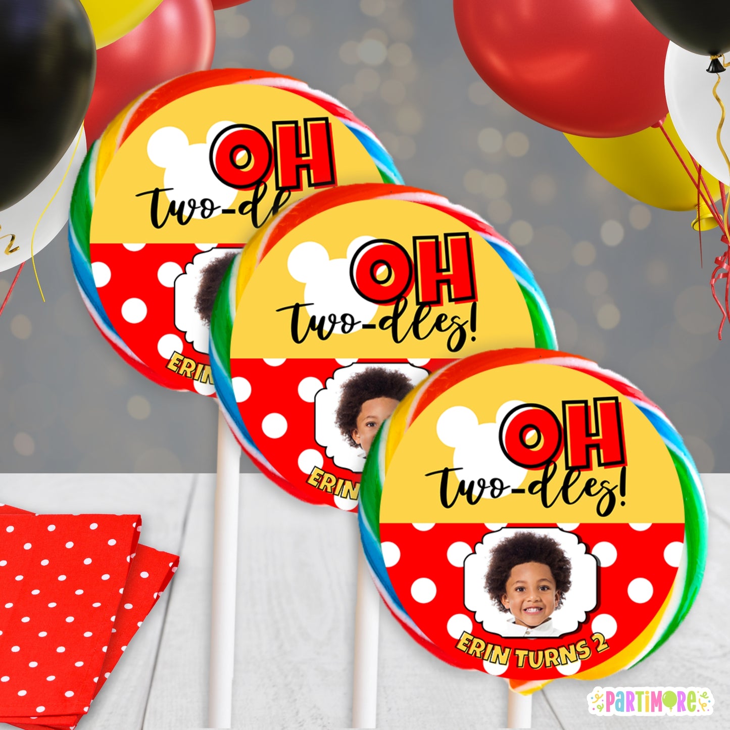 Personalized Boy Mouse Round Lollipop Party Favor Stickers | Boys Oh Twodles 2nd Birthday Party Decor