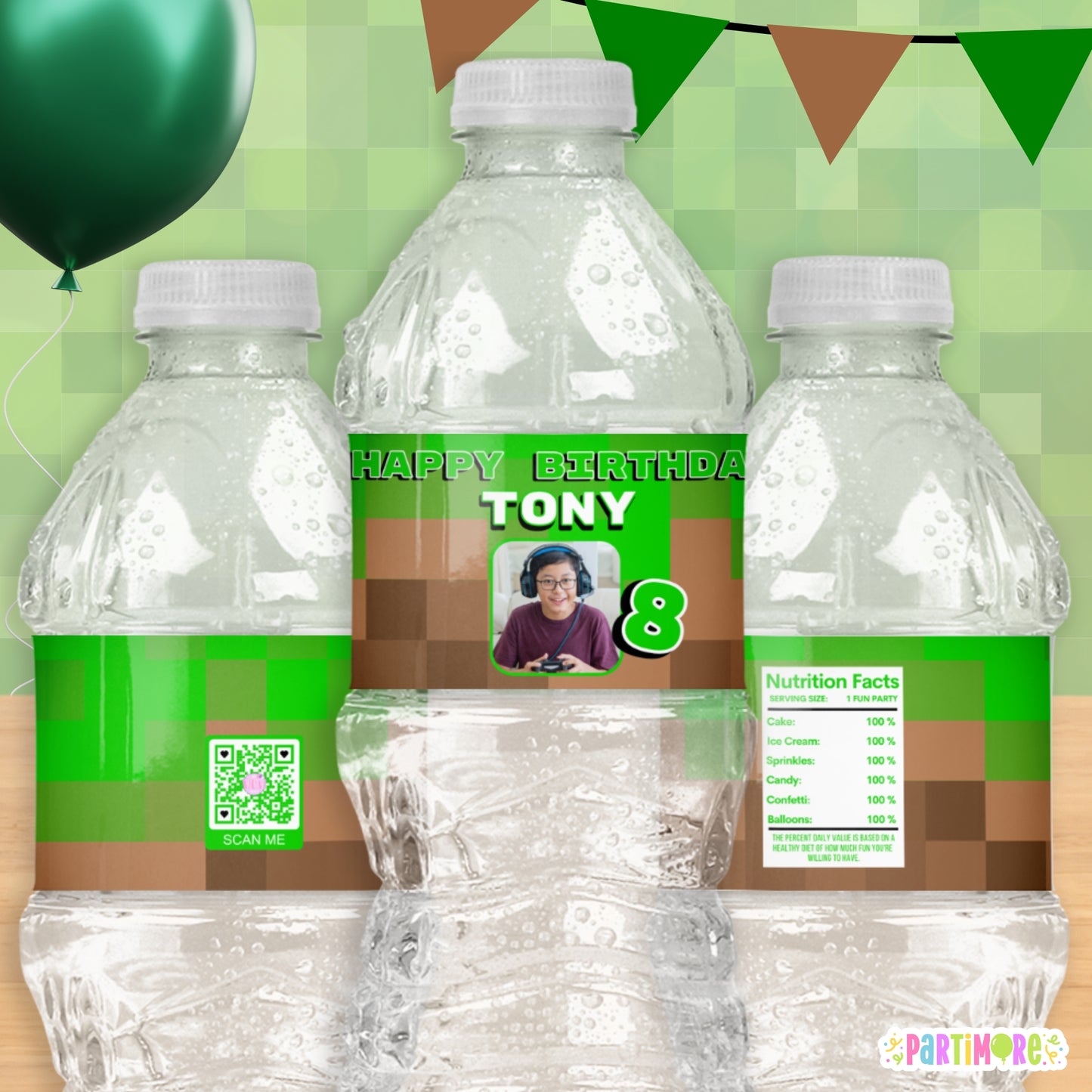 Pixilated Gamer Water Bottle Labels | Personalized Gaming Birthday Party Favor Stickers