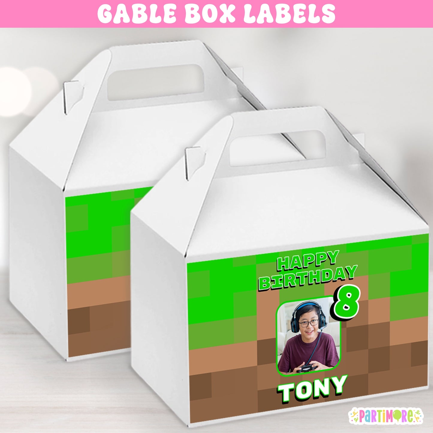 Pixel Gable Box Labels | Personalized Gaming Party Favor Stickers