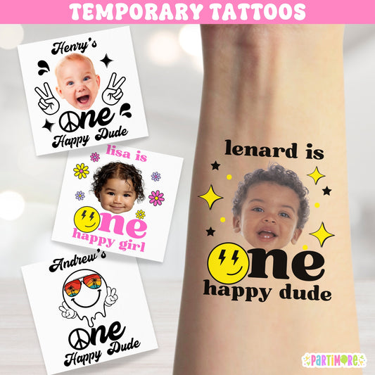 One Happy Dude Themed Temporary Tattoos: Customized Party Favors for Kids, One Happy Girl's Groovy 1st Birthday Party Decorations