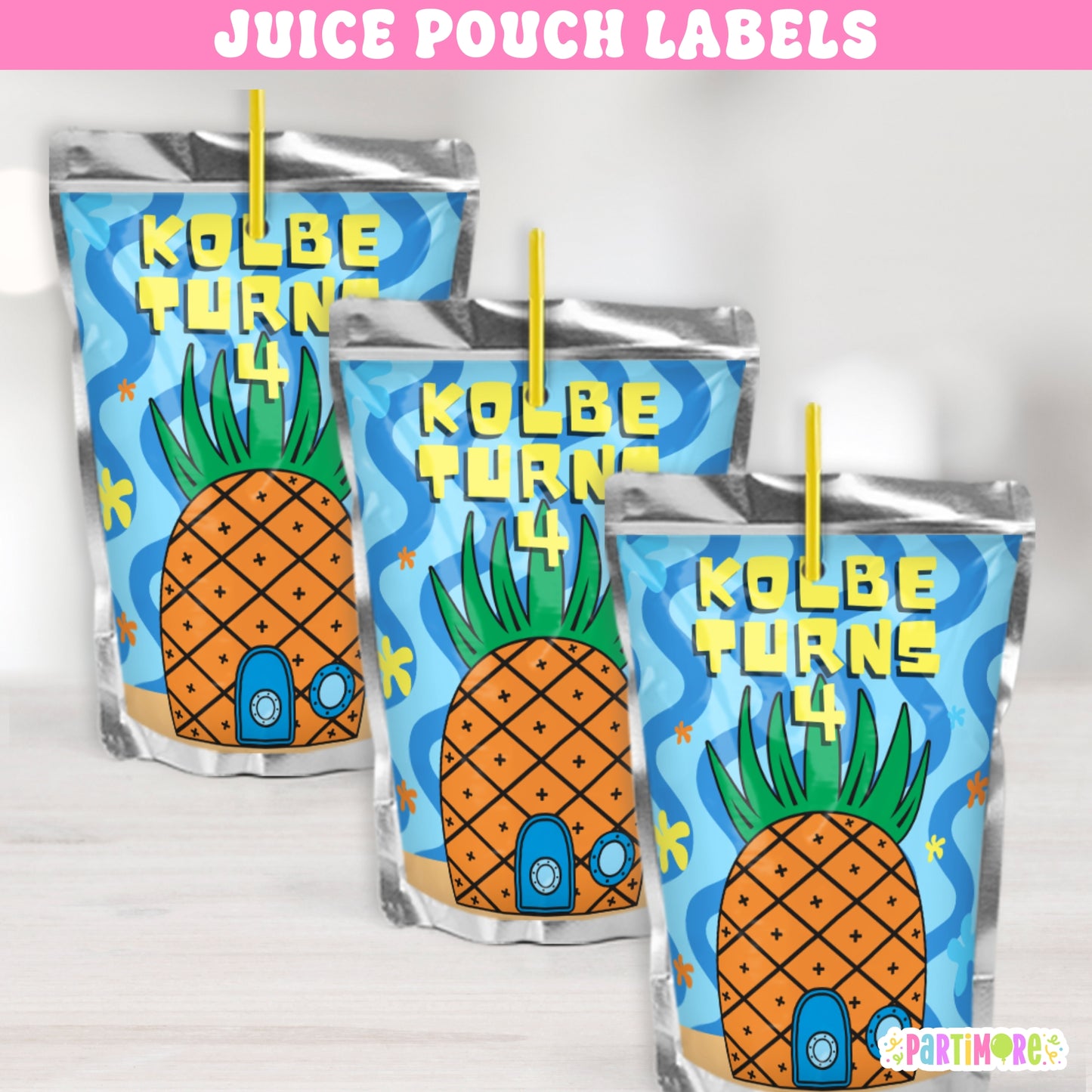 Tropical pineapple juice pouch labels, under the sea birthday party drink wraps personalized with name and age