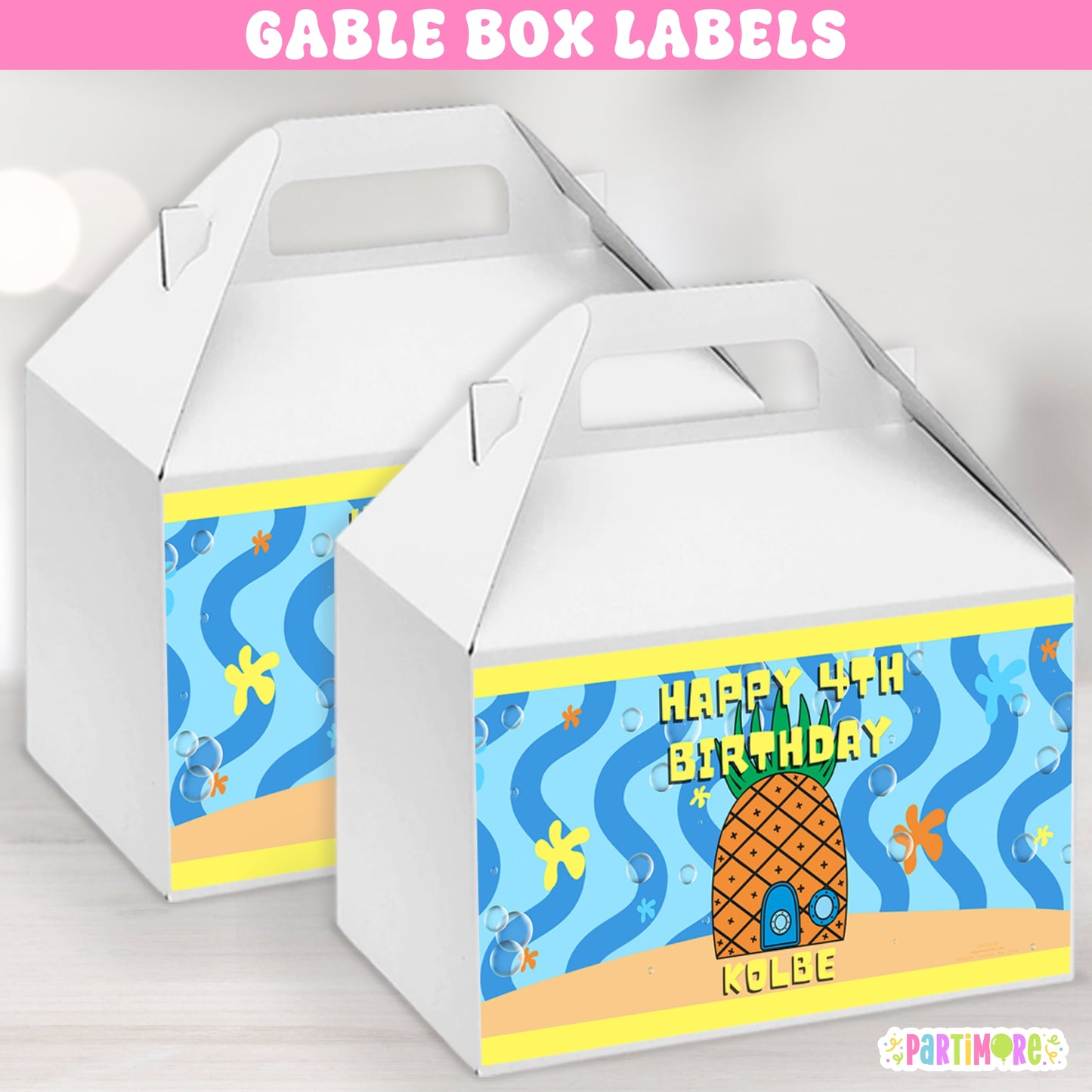 Pineapple house gable box labels, tropical ocean birthday favor box stickers personalized with name and age