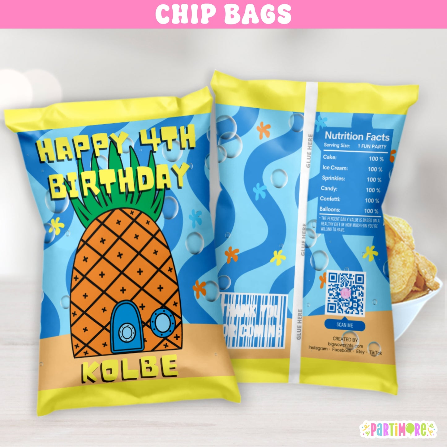 Pineapple under the sea birthday chip bag wrappers, tropical ocean snack bags personalized with name and age for kids’ party favors