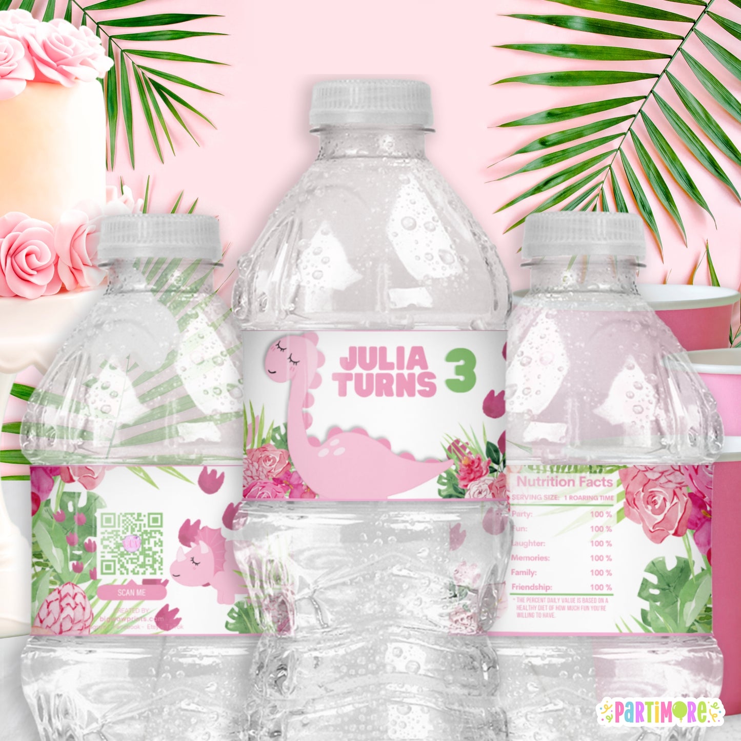 Custom Pink Dinosaur Water Bottle Labels | Cute Jurassic Party Supplies