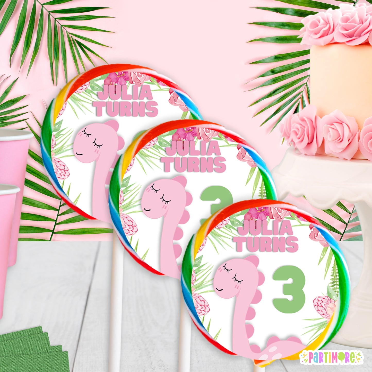 Girls' Personalized Pink Dinosaur Lollipop Label Stickers | Prehistoric Party Fun