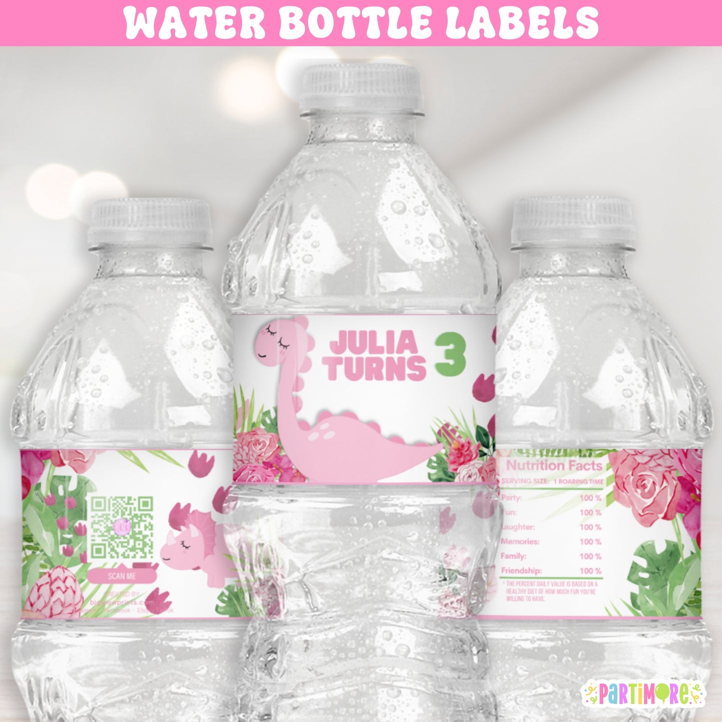 Personalized pink dino water bottle wrappers for girl's birthday celebration, tropical floral design with custom name and age