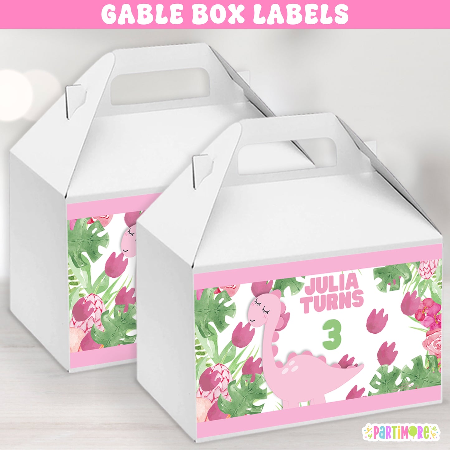 Personalized cute pink dinosaur gable box labels for girl's birthday, floral prehistoric party favor boxes, custom name and age