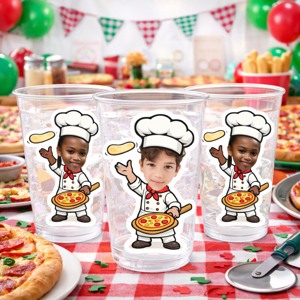 Personalized Pizza Birthday Cups – Custom Photo Little Chef Party Cups, Set of 12