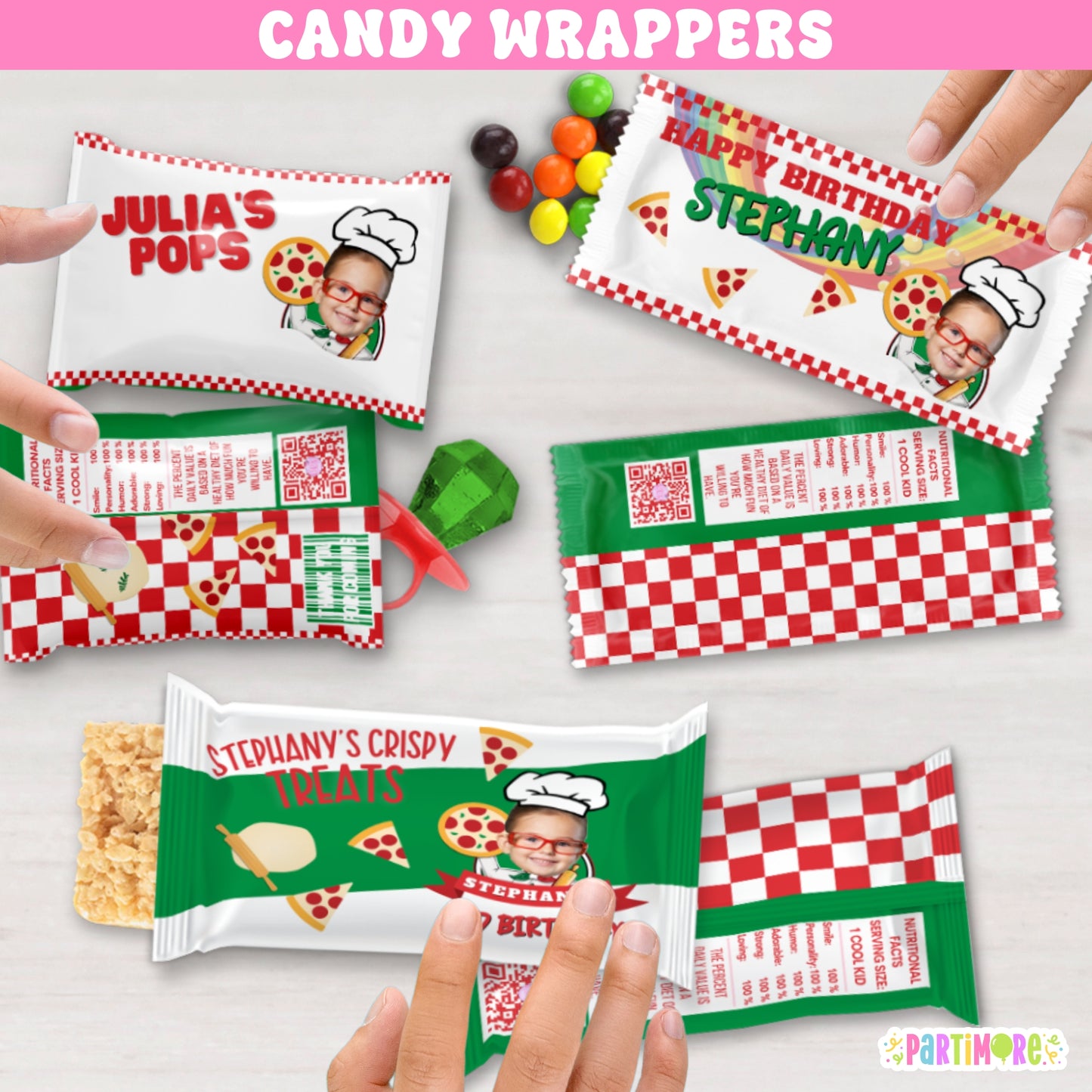 Pizza themed birthday candy bar wrappers, Italian pizza parlor style custom birthday party favors with name and age
