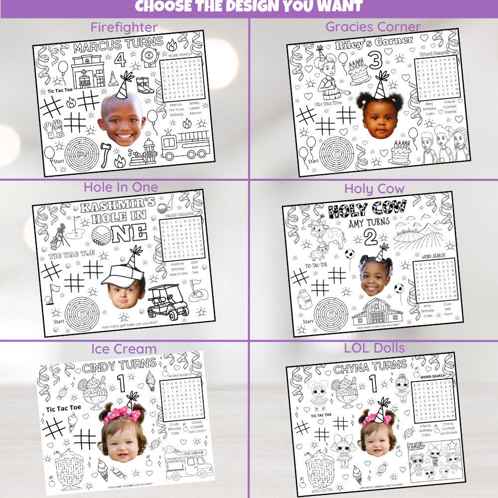 DIGITAL Custom Coloring Placemat Activity Sheets, Personalized Birthday Party Decor, Kids Party Themes For Girls And Boys, Children's Table Decorations