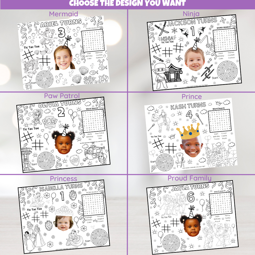 DIGITAL Custom Coloring Placemat Activity Sheets, Personalized Birthday Party Decor, Kids Party Themes For Girls And Boys, Children's Table Decorations