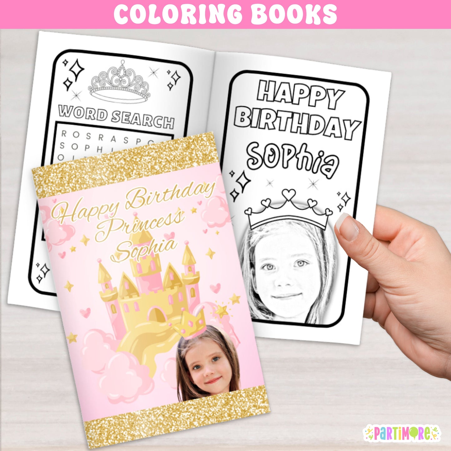 Personalized Princess Coloring Books For Kids, Princess Party Favors, Princess Party Decor, Magical Cartoon Princess Birthday Supplies, Pink Gold