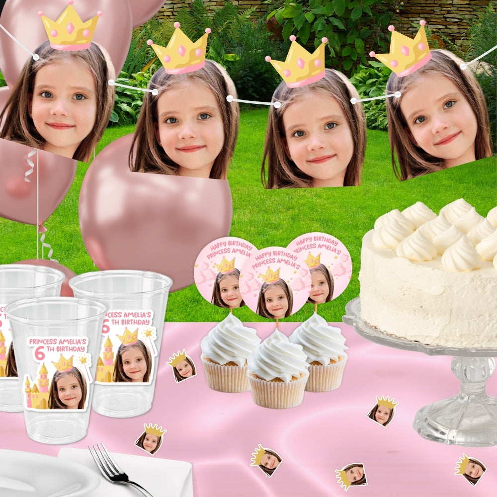 Personalized Princess Birthday Banner With Photo, Once Upon A Time Party, Pink Gold Crown, Princess party Decorations, Custom Photo Banner For Parties