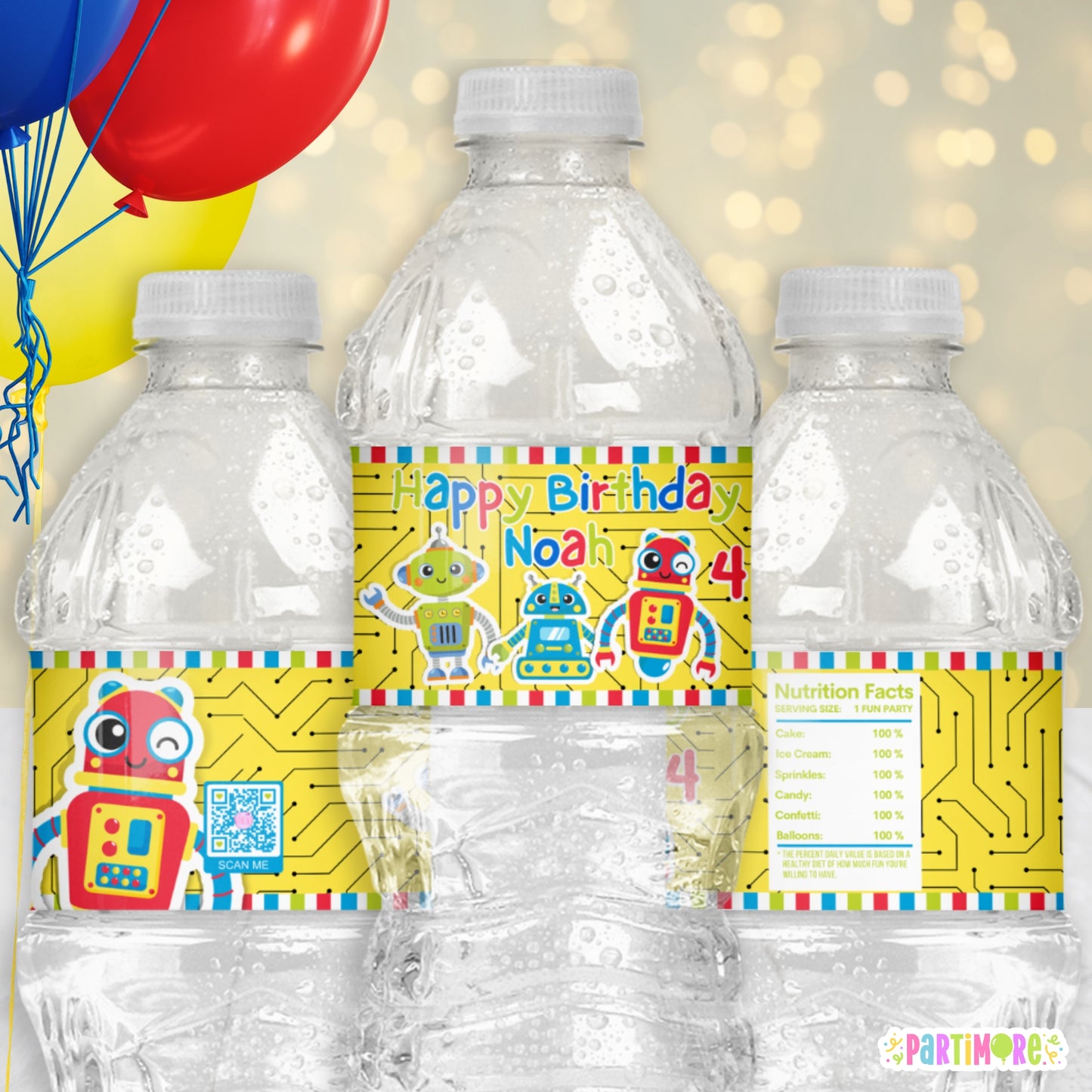 Colorful Robot Water Bottle Labels | Personalized Futuristic Party Stickers