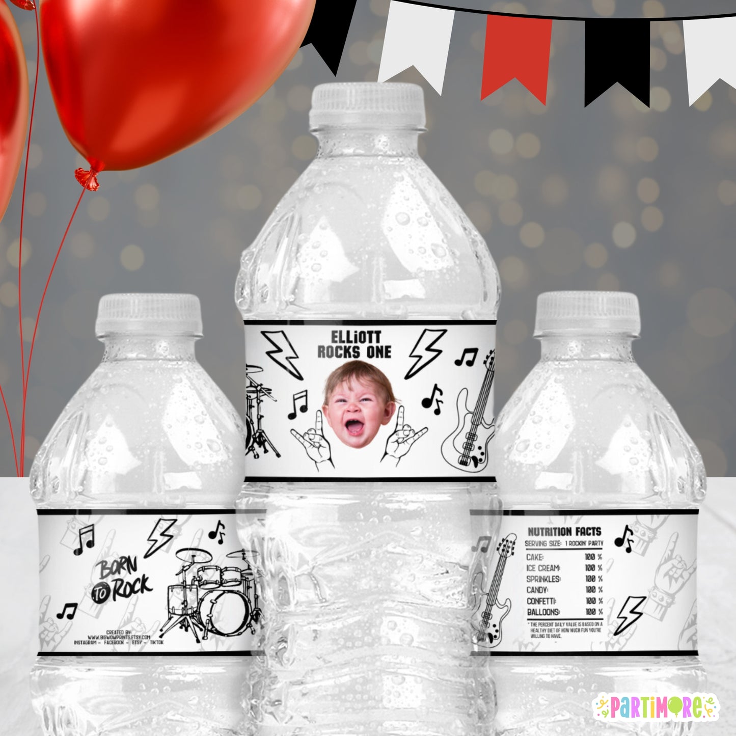Personalized Rock and Roll Water Bottle Labels | Rockstar Party Favors | Born 2 Rock Second Birthday Decorations | One Rocks