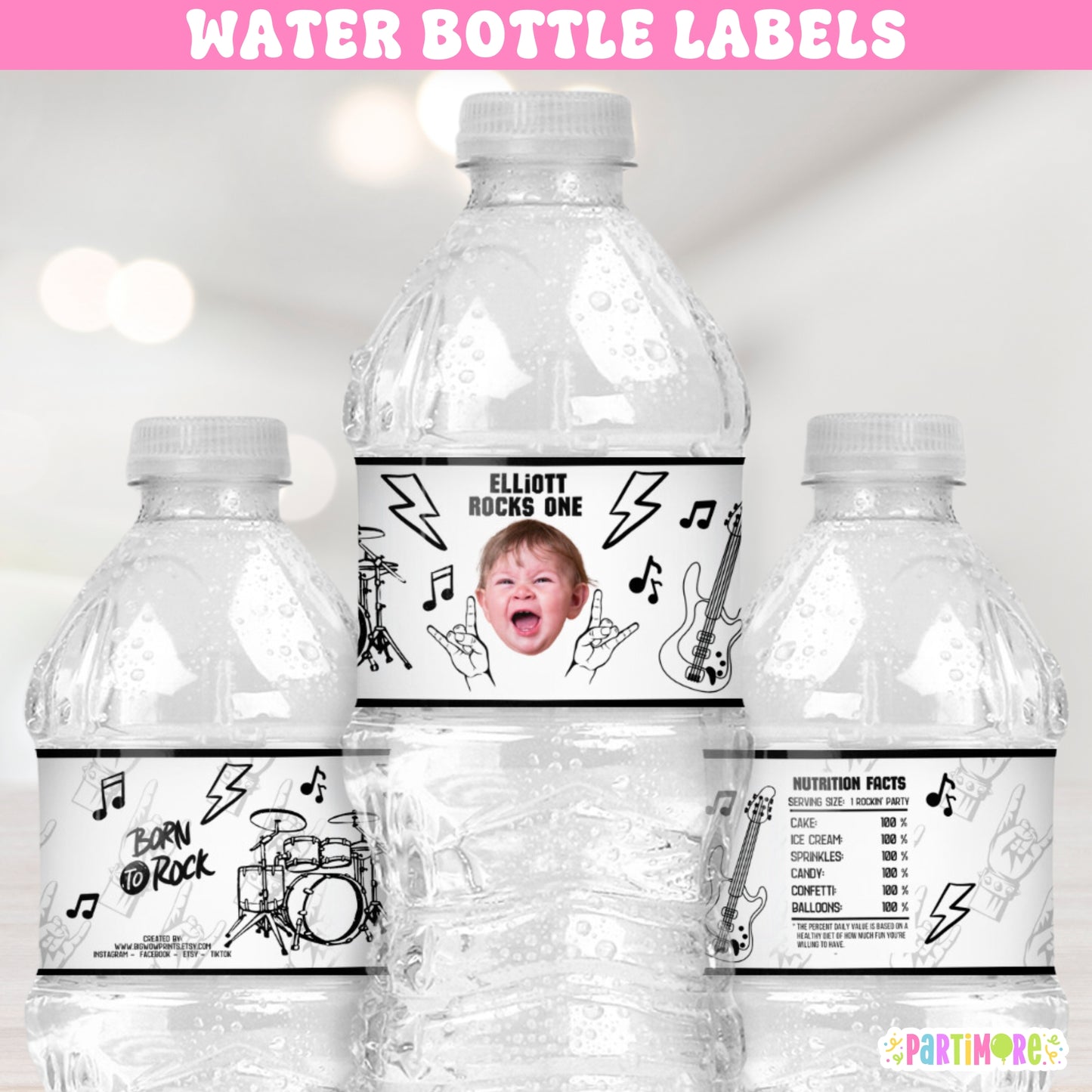 One Rocks 1st birthday water bottle labels – rock star and world tour birthday party drink wraps with guitars, and music notes for kids, teens, or adult celebrations
