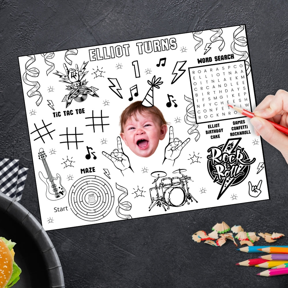 Rock And Roll Birthday Coloring Placemat Activity Sheets For Kids, Rock Star Party Favors, Born Two Rock, One Rocks, Punk Rock Guitar Drums Music