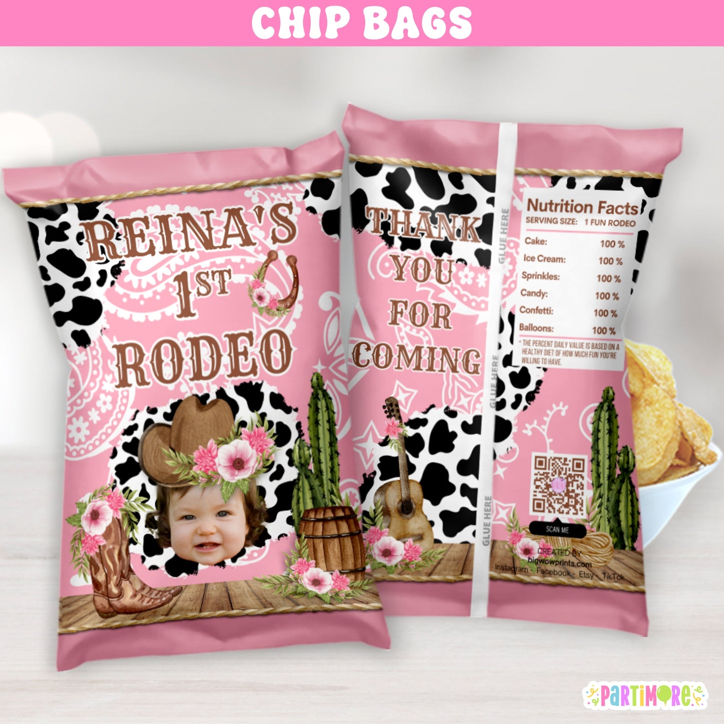 Pink cowgirl chip bag party favors for girl’s first rodeo birthday, custom western cow print snack bags for ranch or farm theme celebration