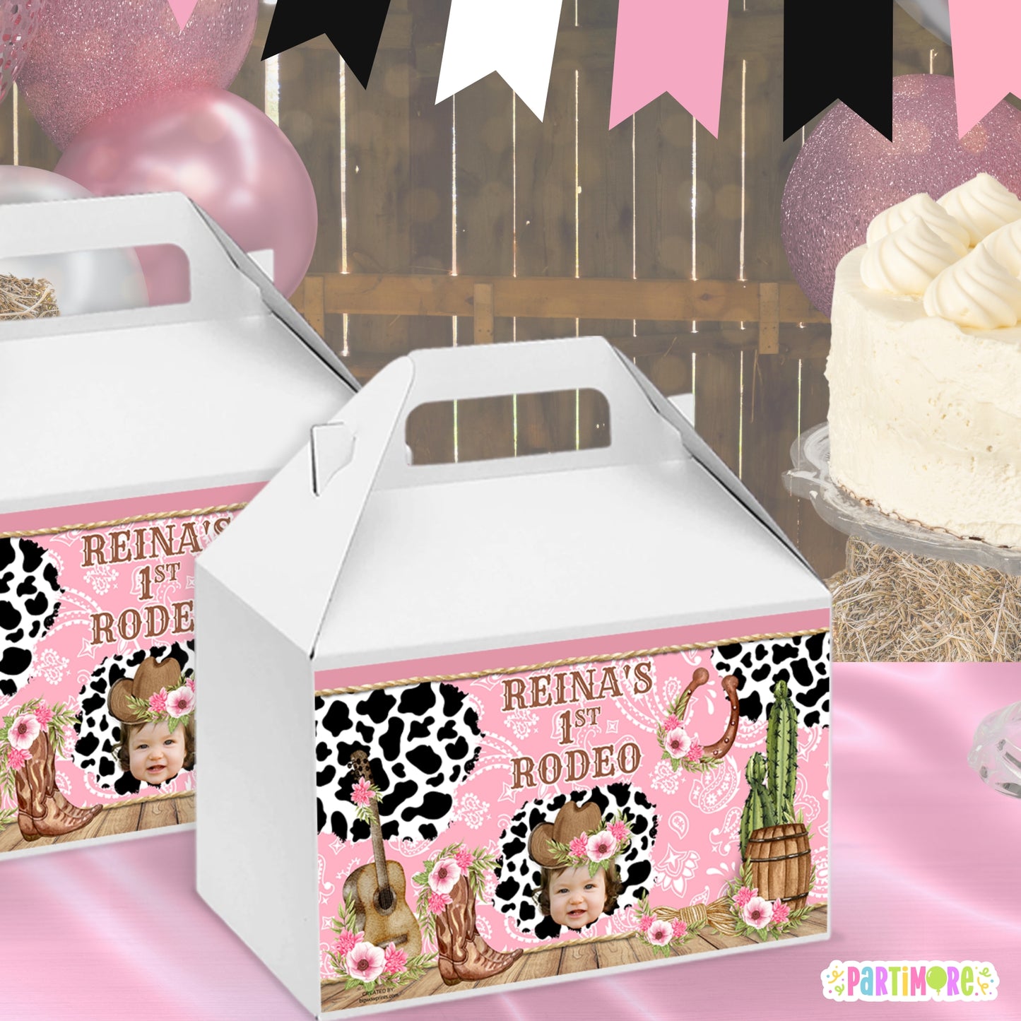Personalized Cowgirl Gable Box Labels | Western Birthday Party Decor | Cowgirl Party Favor With Vintage Cow Print