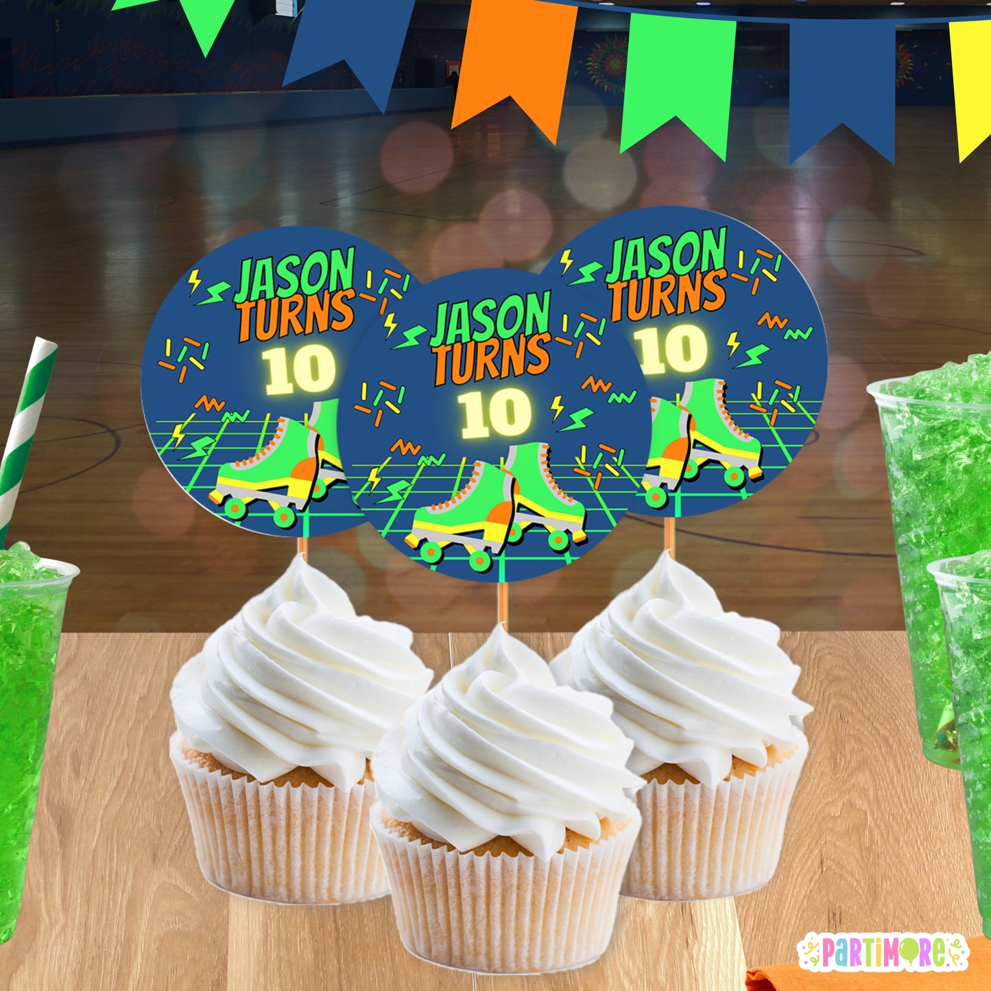 Neon Roller Skating Cupcake Toppers | Personalized Glow Party Decorations