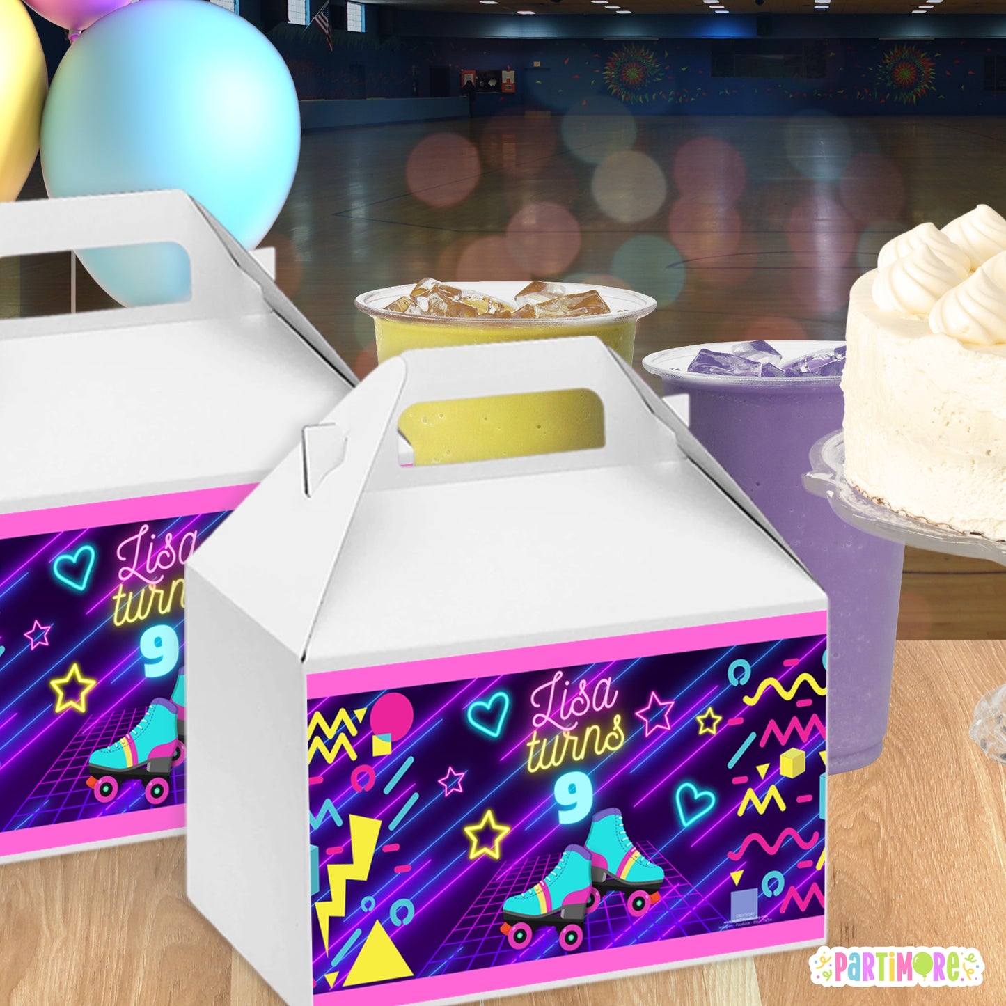 Retro Skating Purple Gable Box Labels | Personalized Glow In The Dark Inspired Skating Rink Favor Stickers