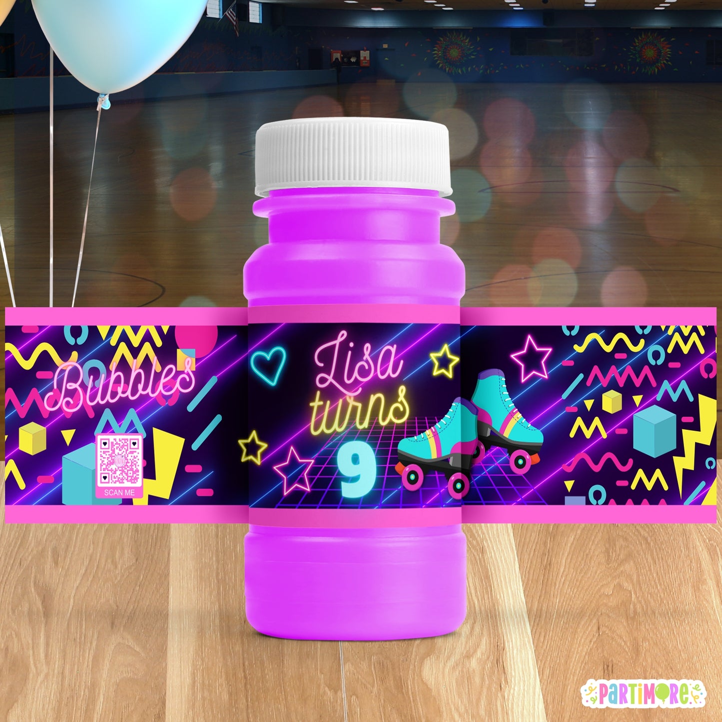 Personalized Skating Bubble Bottle Labels | Purple Neon Glow In The Dark Inspired Skate Party Stickers