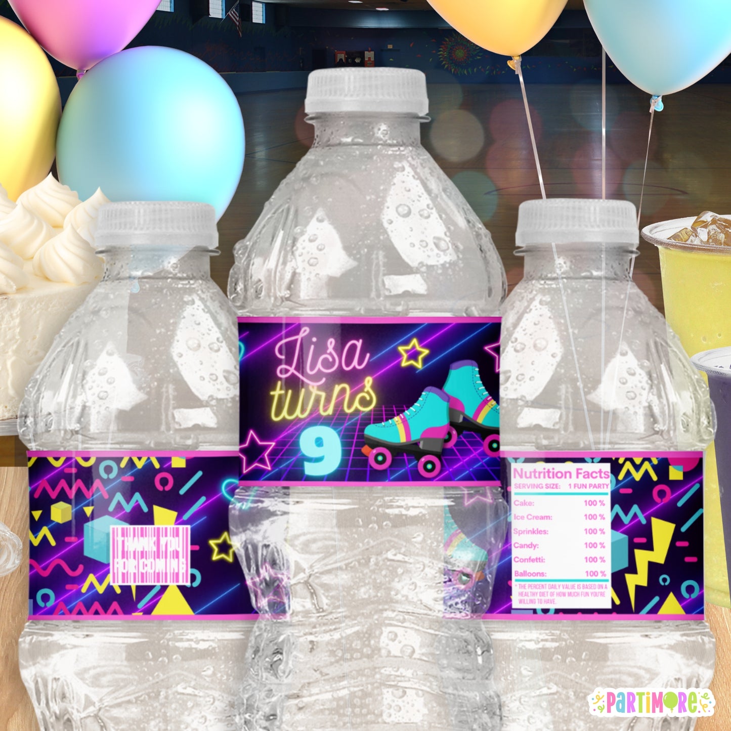 Neon Skates Water Bottle Labels | Personalized Retro Purple 90s Party Stickers | Skating Party Favors For Girls