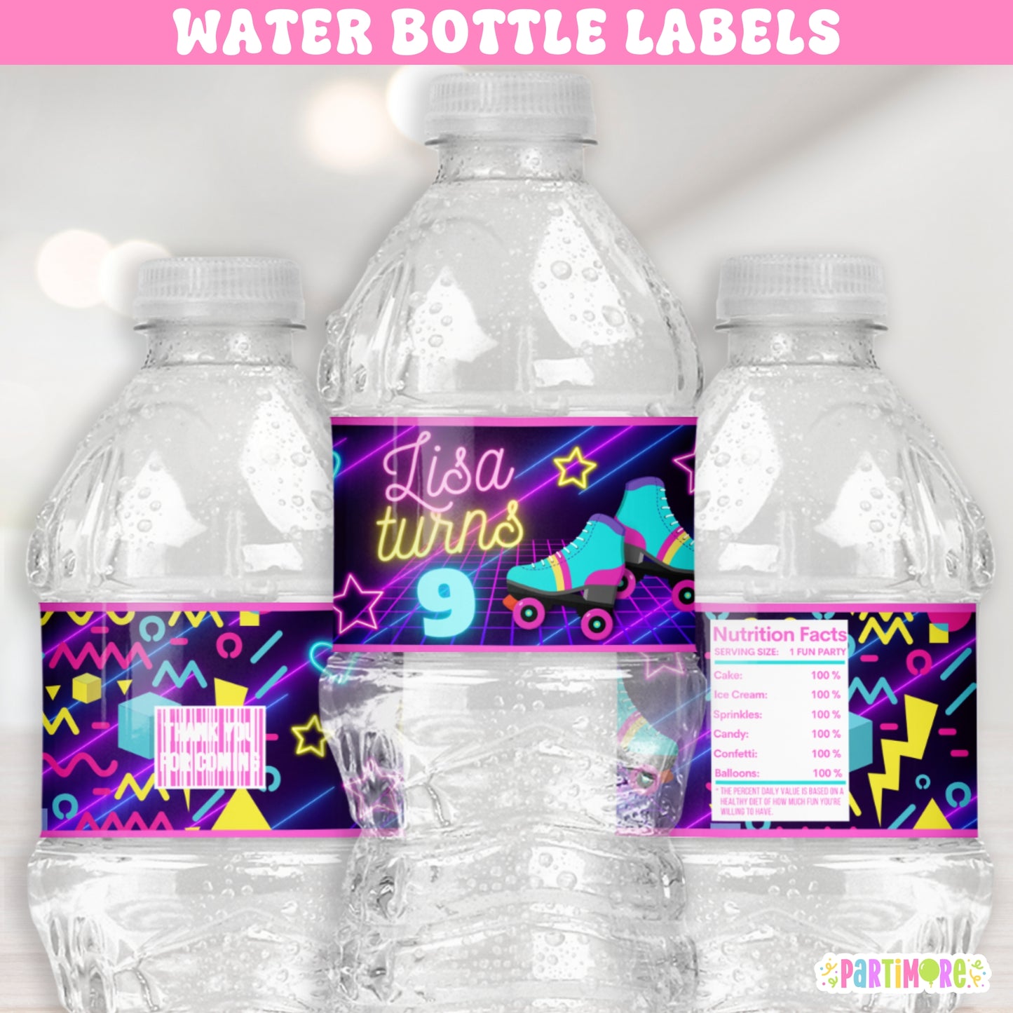 Neon Skates Water Bottle Labels | Personalized Retro Purple 90s Party Stickers | Skating Party Favors For Girls