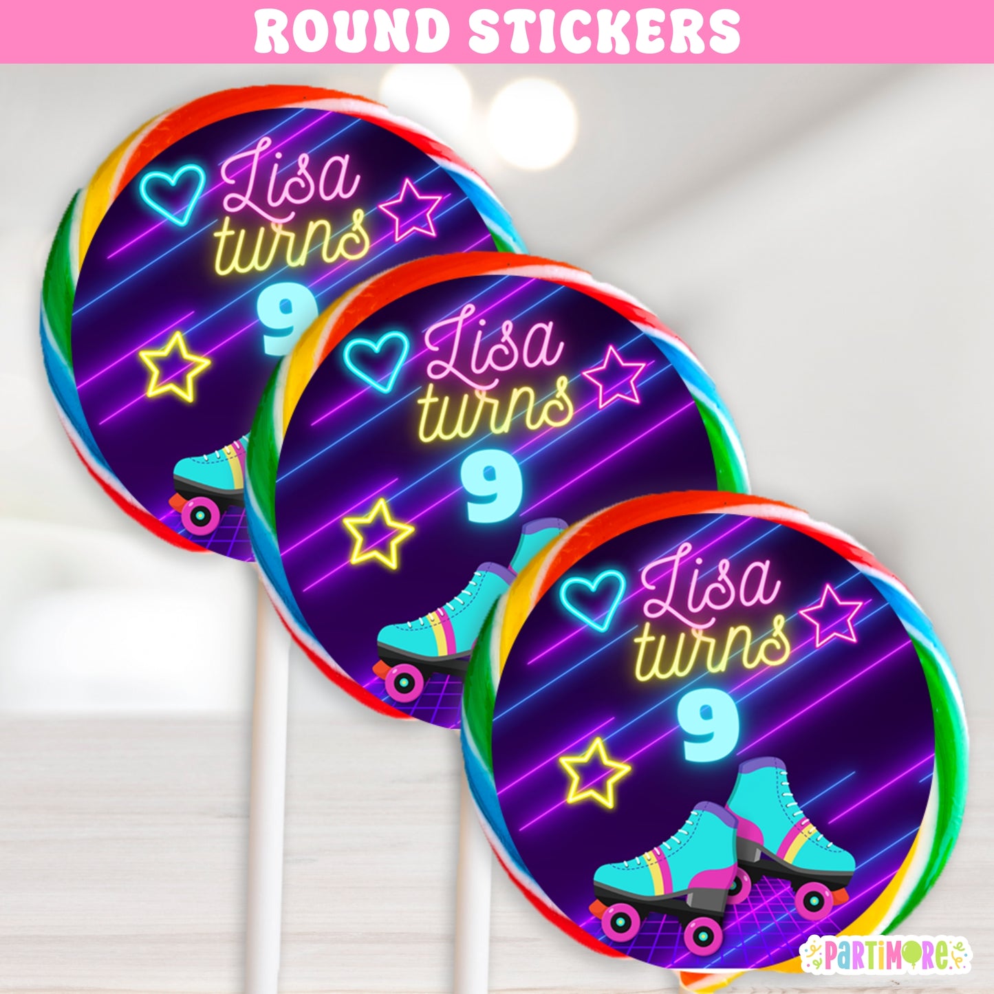Personalized Skates Stickers | Purple Retro Neon Glow In The Dark Inspired Birthday Party Favor Labels